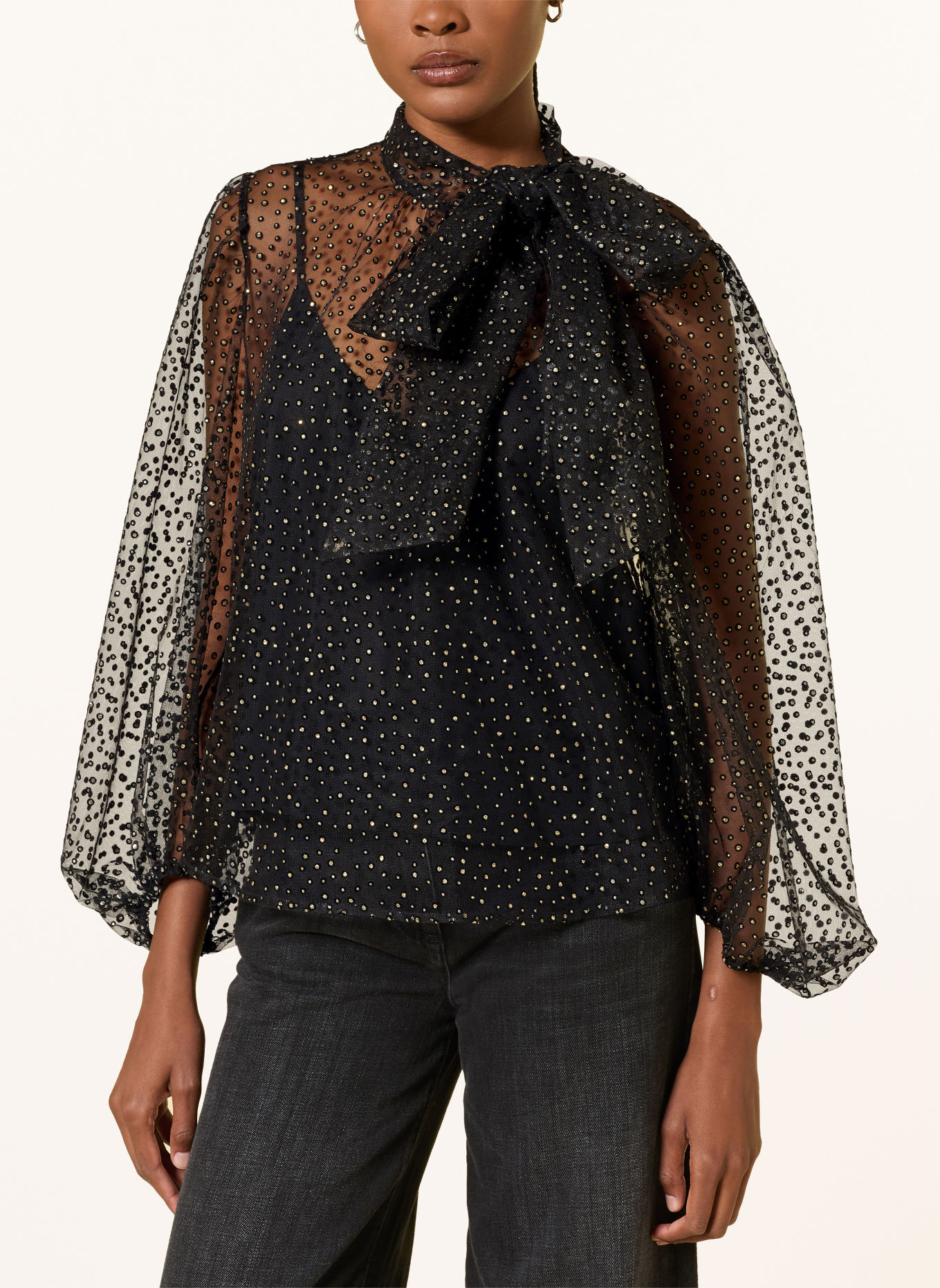 LUISA CERANO Strikblouse met strik van tule: ZWART / GOUD