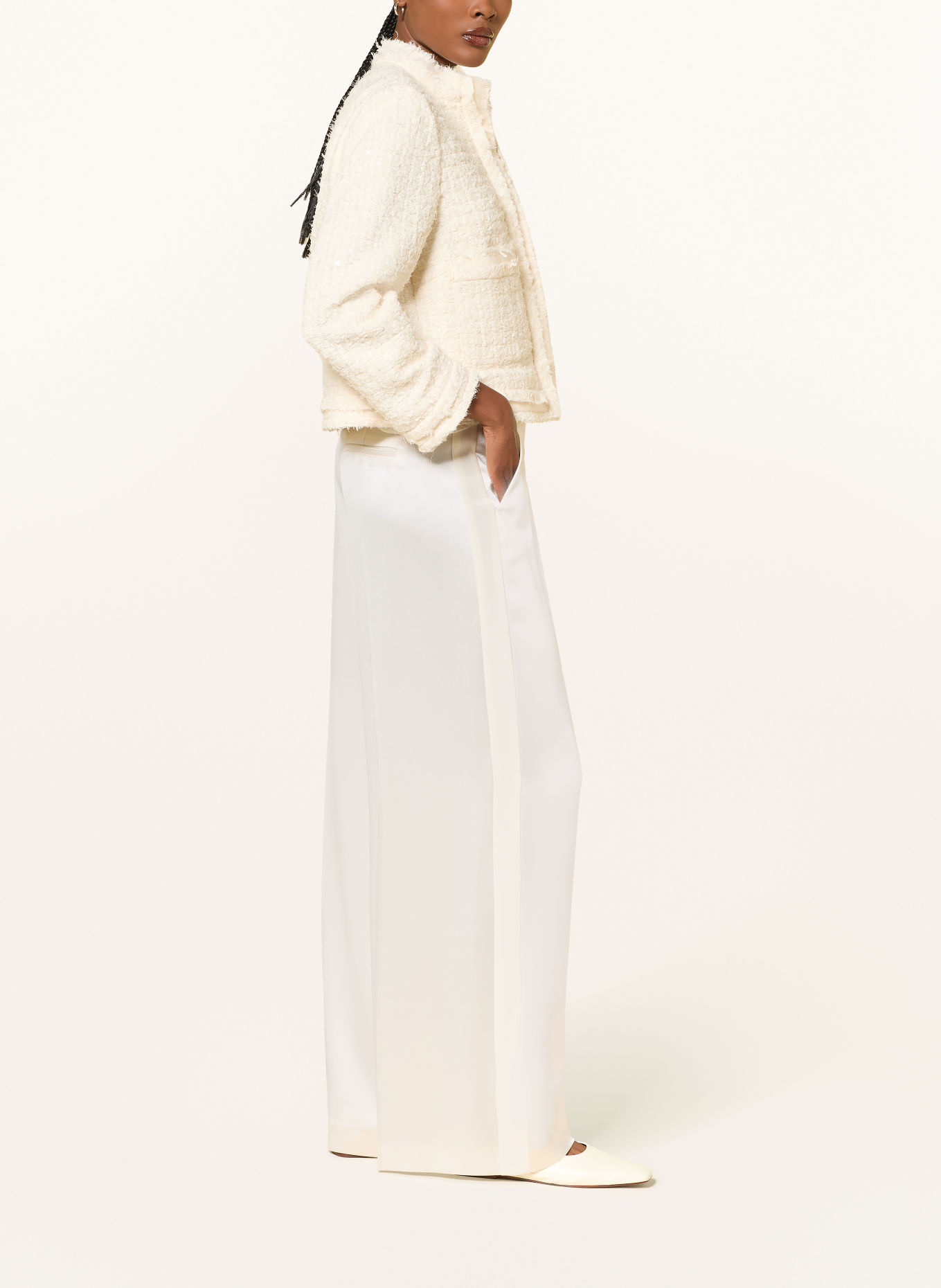 LUISA CERANO Satin wide-leg trousers with braided trim: CREAM