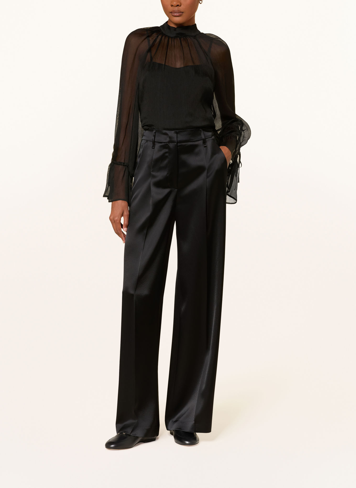 LUISA CERANO Pantalon palazzo en satin avec bandes de galon: NOIR