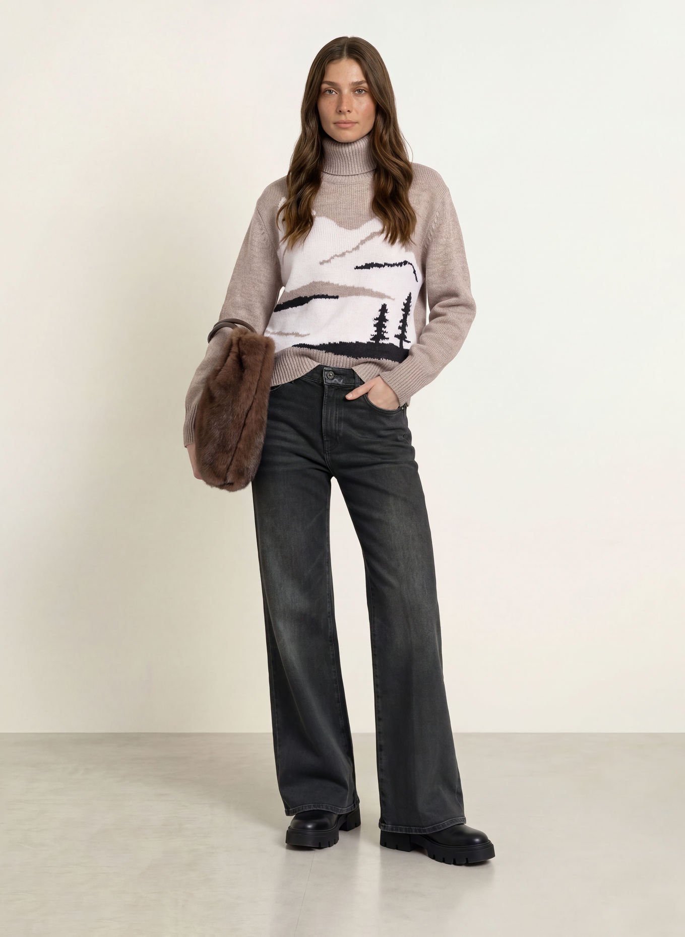 FTC CASHMERE Cashmere turtleneck sweater: TAUPE / ECRU / BLACK