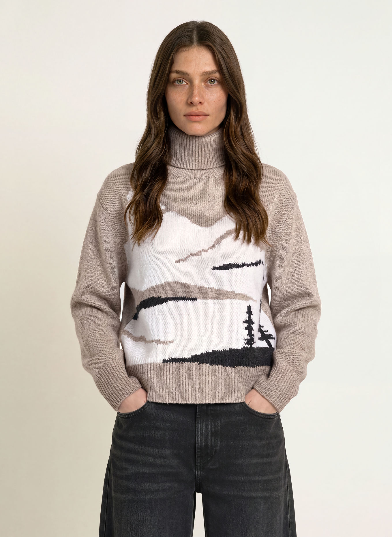 FTC CASHMERE Cashmere turtleneck sweater: TAUPE / ECRU / BLACK
