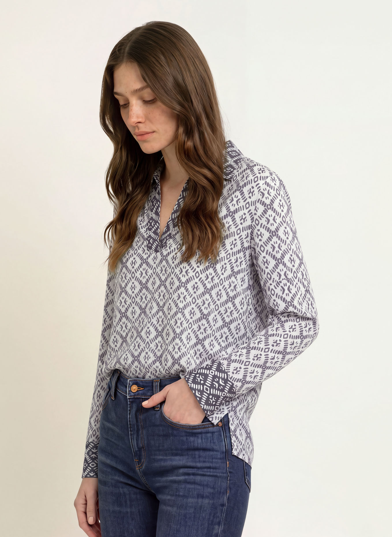 HERZENS Shirt blouse: WHITE / DARK GRAY