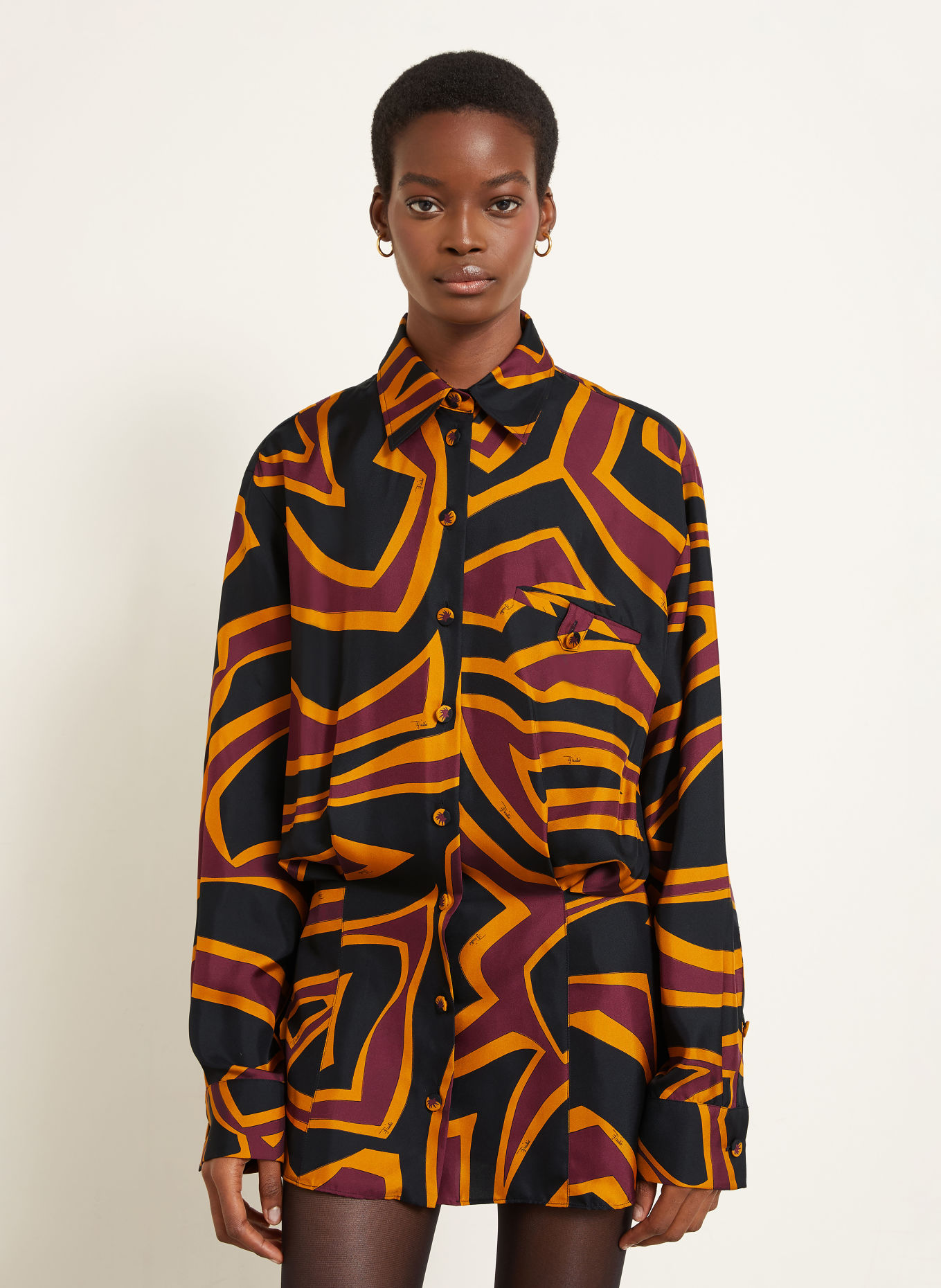PUCCI Robe chemise en soie: NOIR / ROUGE FONCÉ / ORANGE