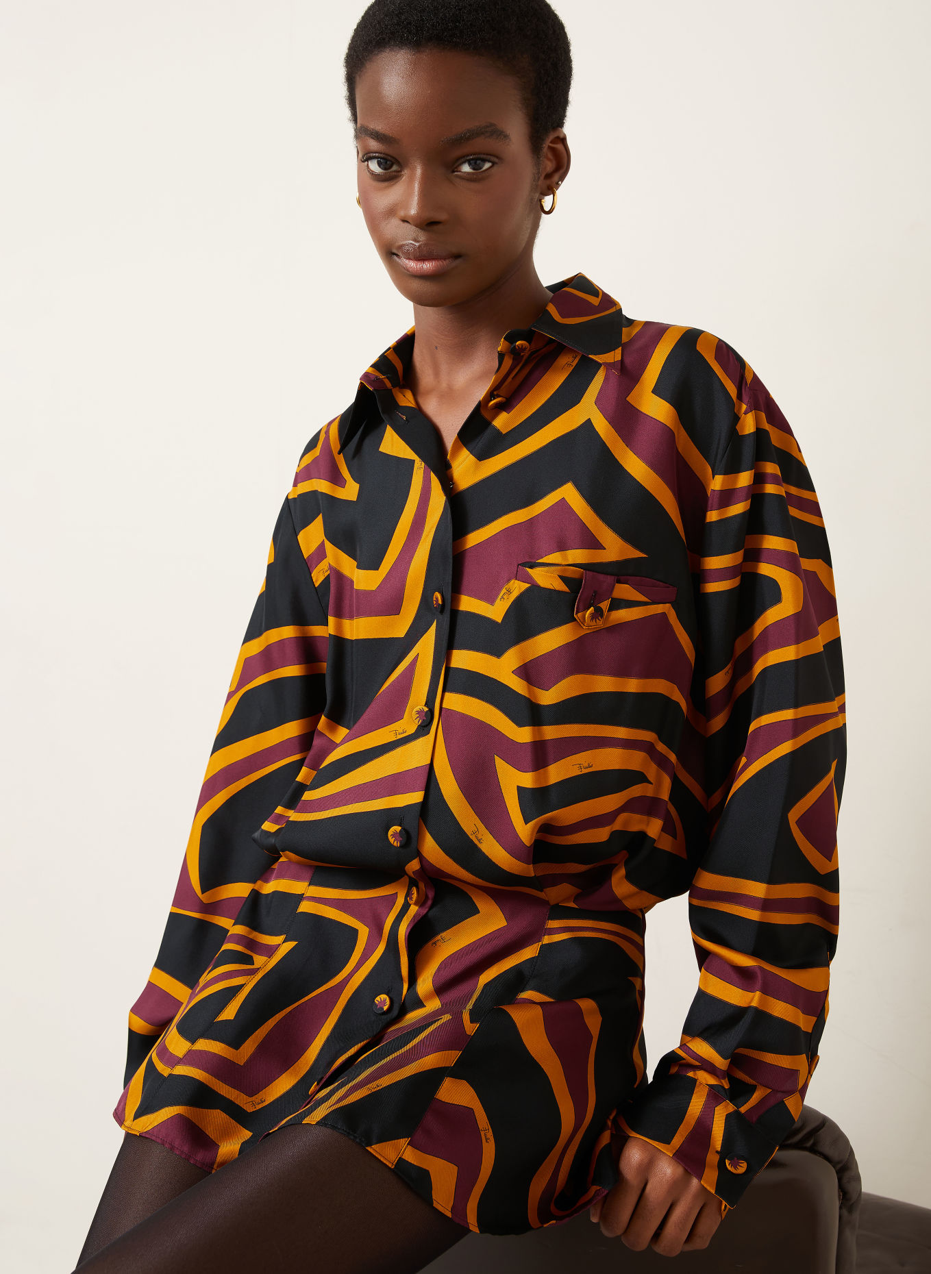 PUCCI Robe chemise en soie: NOIR / ROUGE FONCÉ / ORANGE