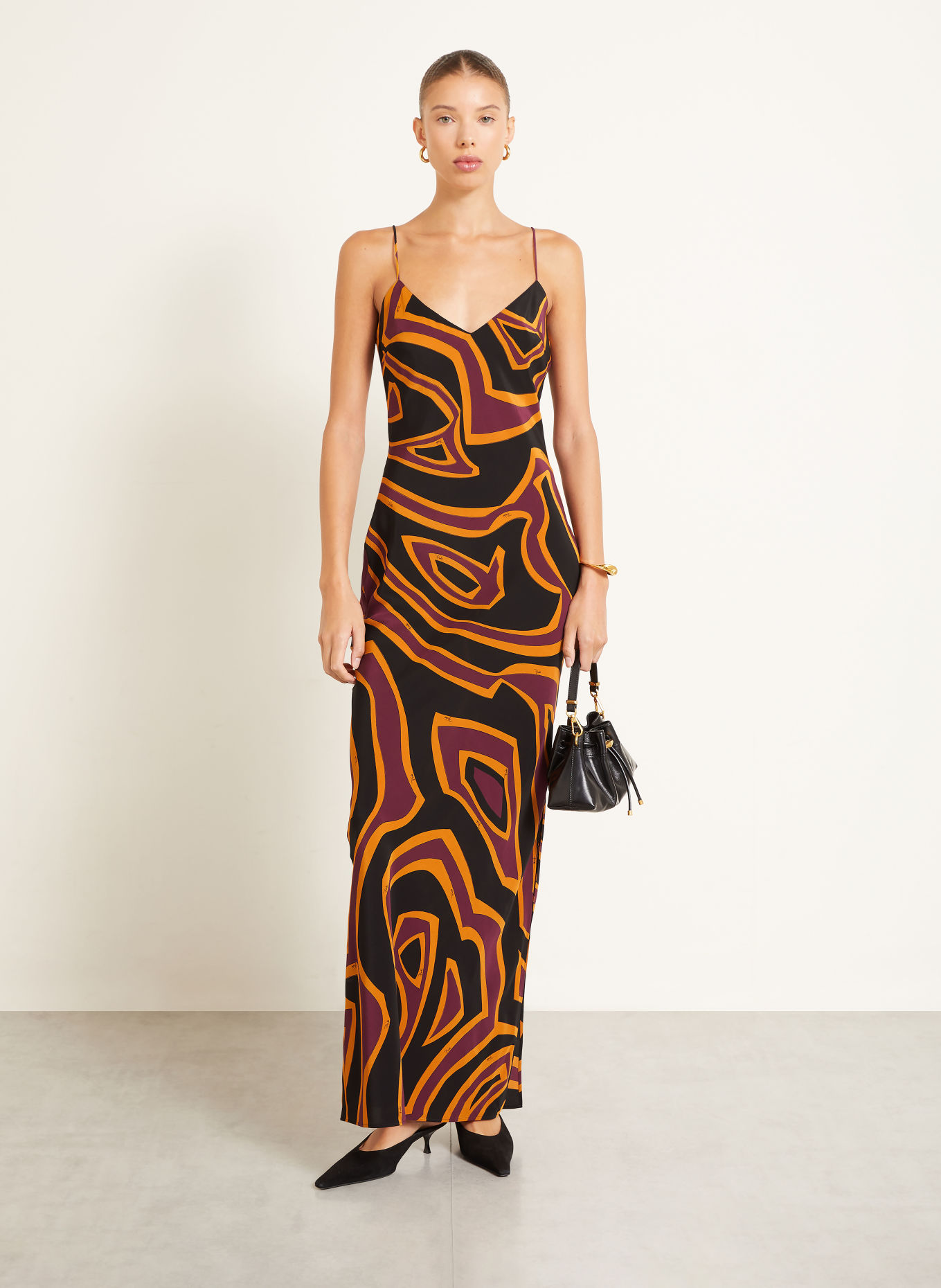 PUCCI Seidenkleid: SCHWARZ / DUNKELLILA / DUNKELGELB