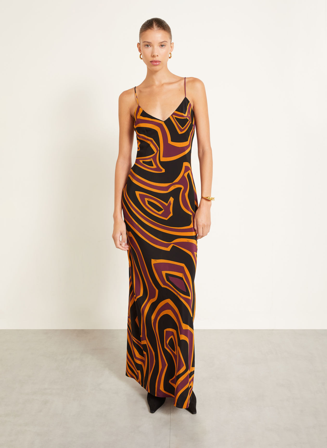 PUCCI Seidenkleid: SCHWARZ / DUNKELLILA / DUNKELGELB
