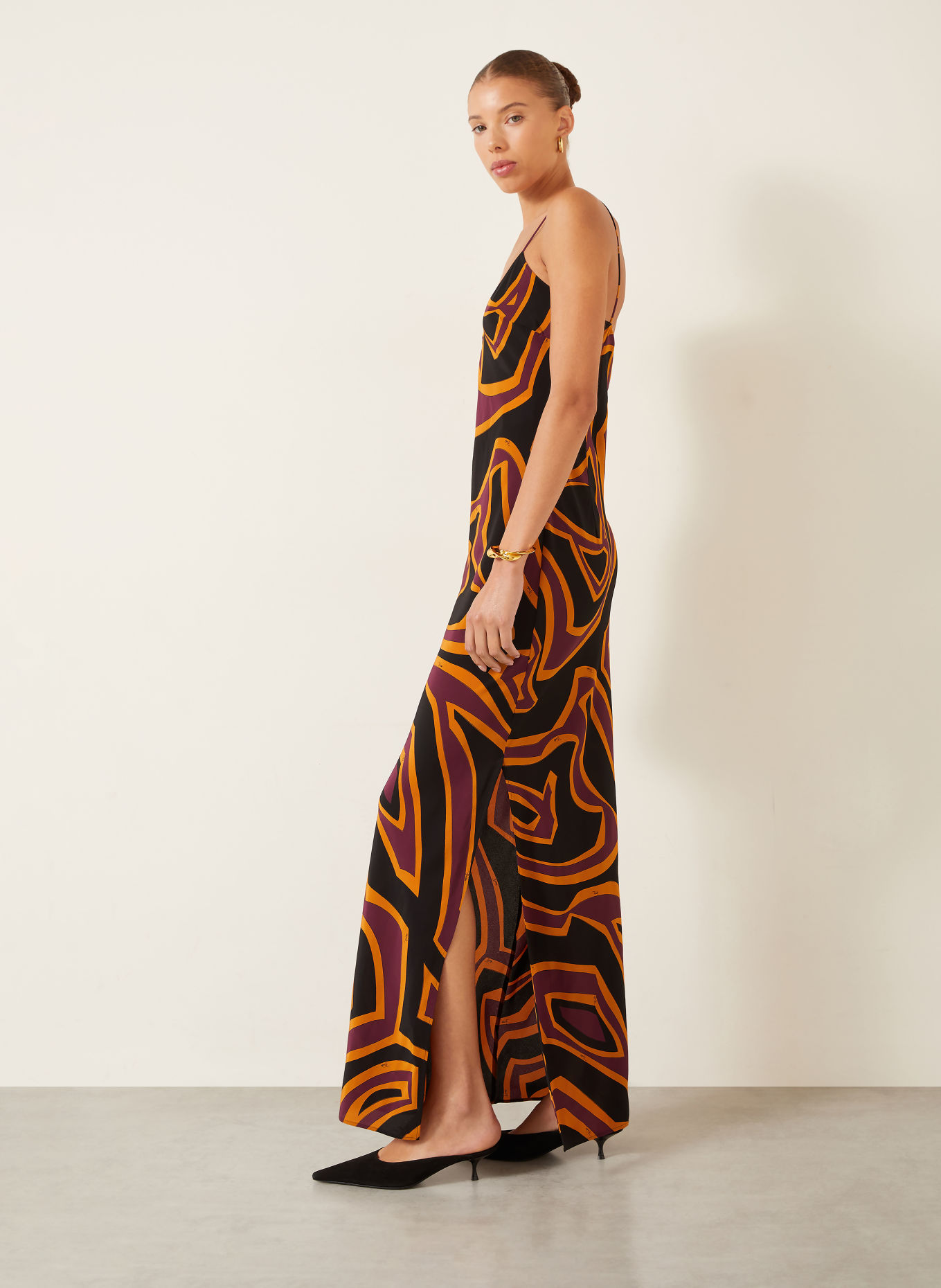 PUCCI Seidenkleid: SCHWARZ / DUNKELLILA / DUNKELGELB