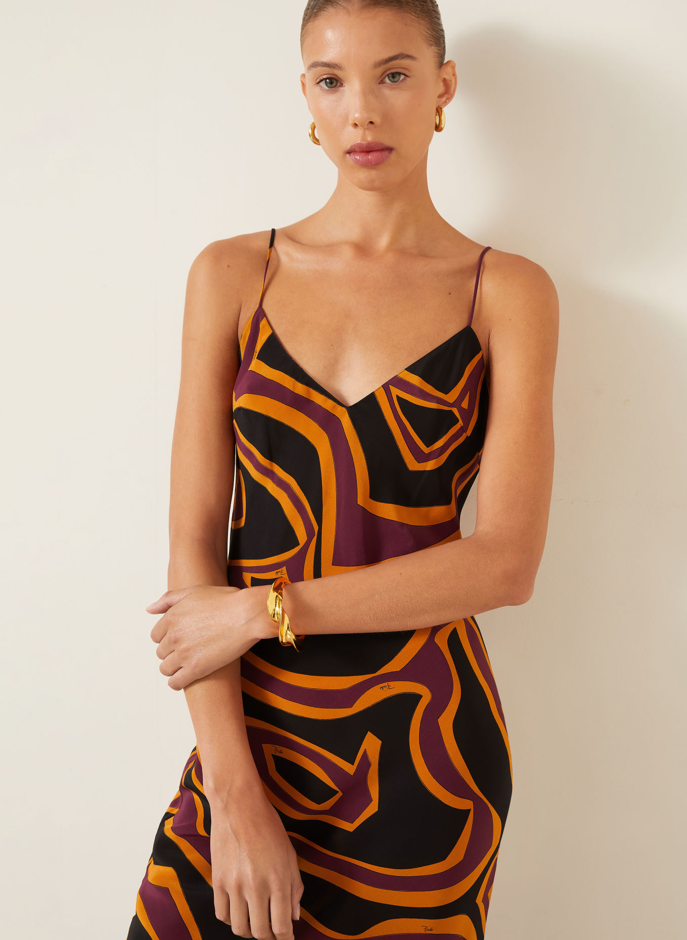 PUCCI Seidenkleid: SCHWARZ / DUNKELLILA / DUNKELGELB