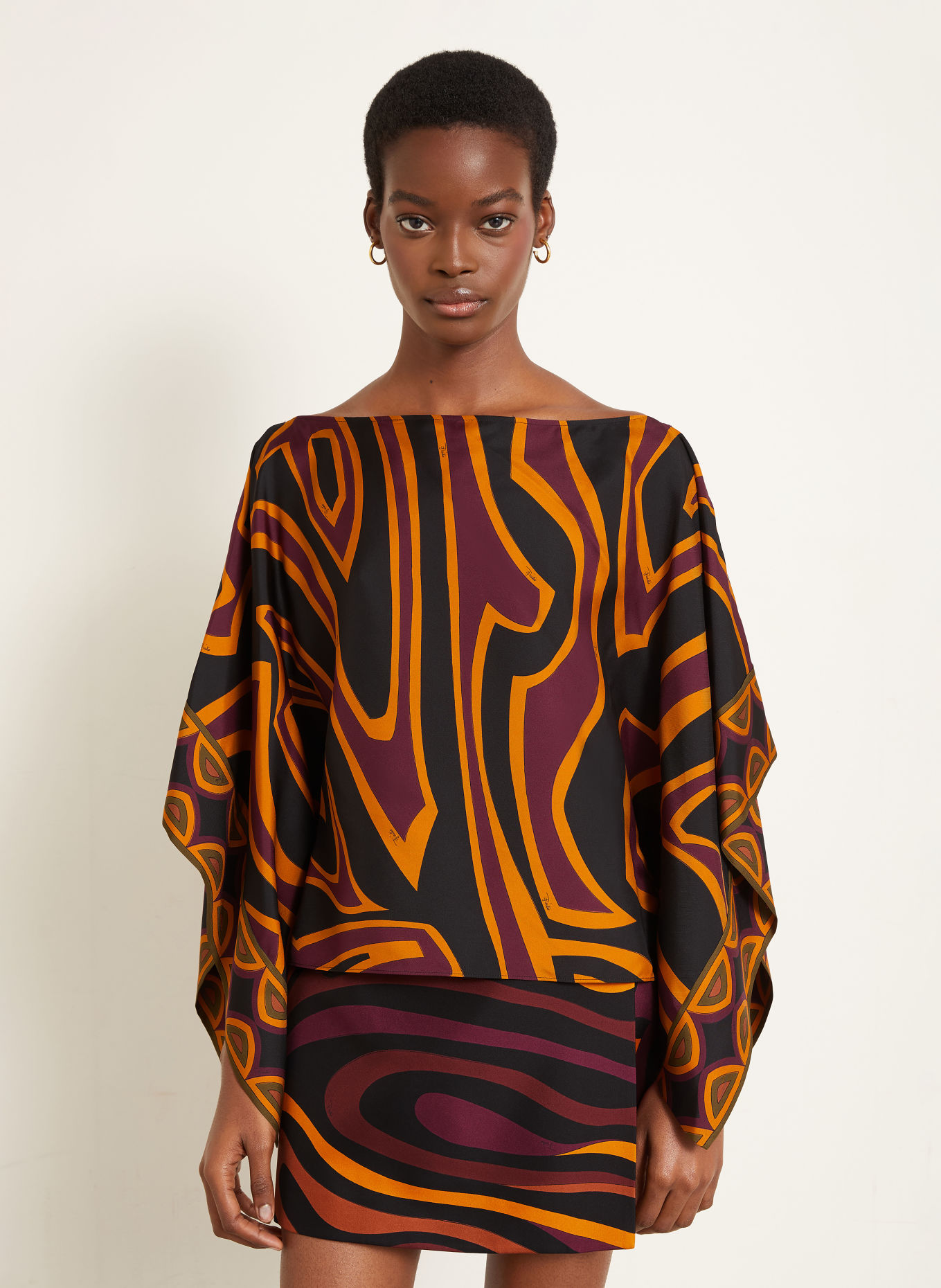 PUCCI Zijden blouseshirt: ZWART / DONKERROOD / ORANJE