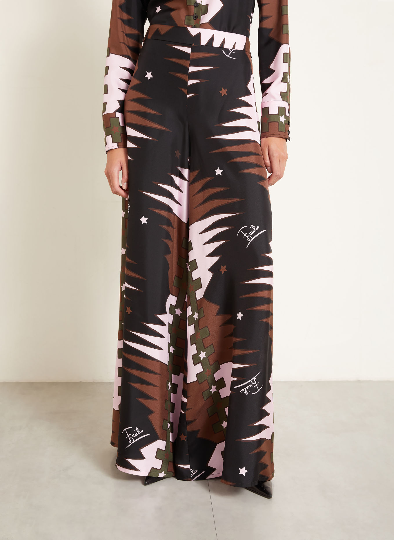 PUCCI Silk wide-leg trousers: BLACK / BROWN / LIGHT PINK