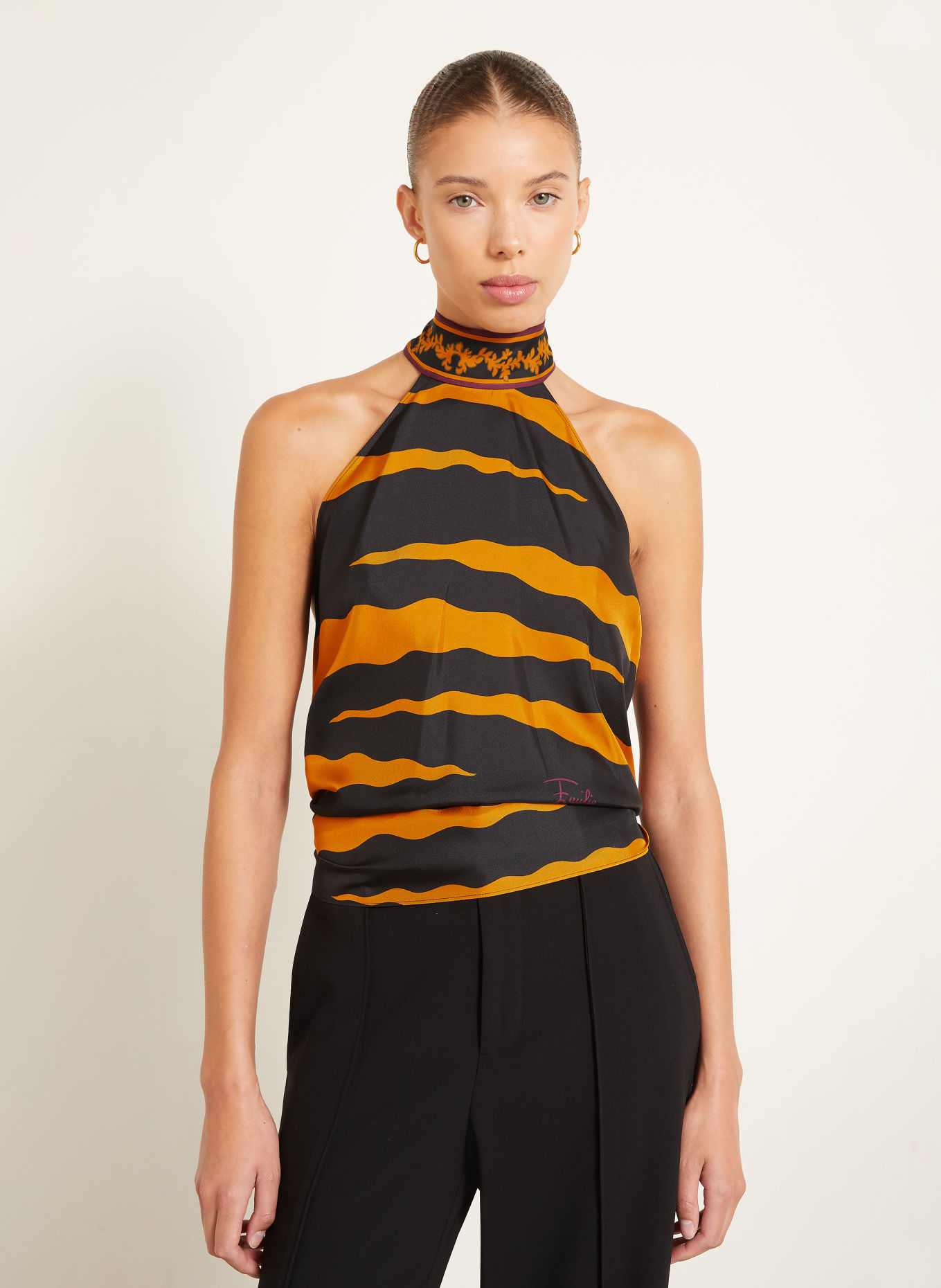 PUCCI Silk halter top: BLACK / DARK PURPLE / DARK ORANGE