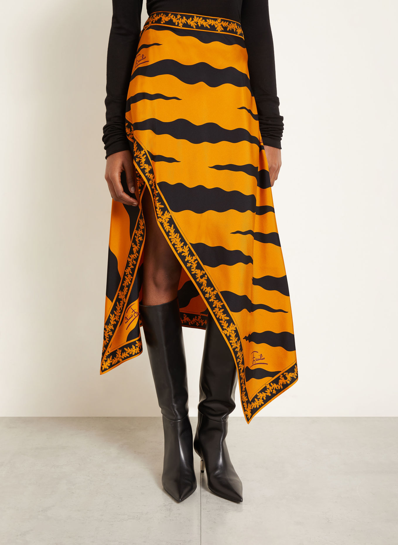 PUCCI Jupe en soie à effet cache-cœur: ORANGE FONCÉ / NOIR