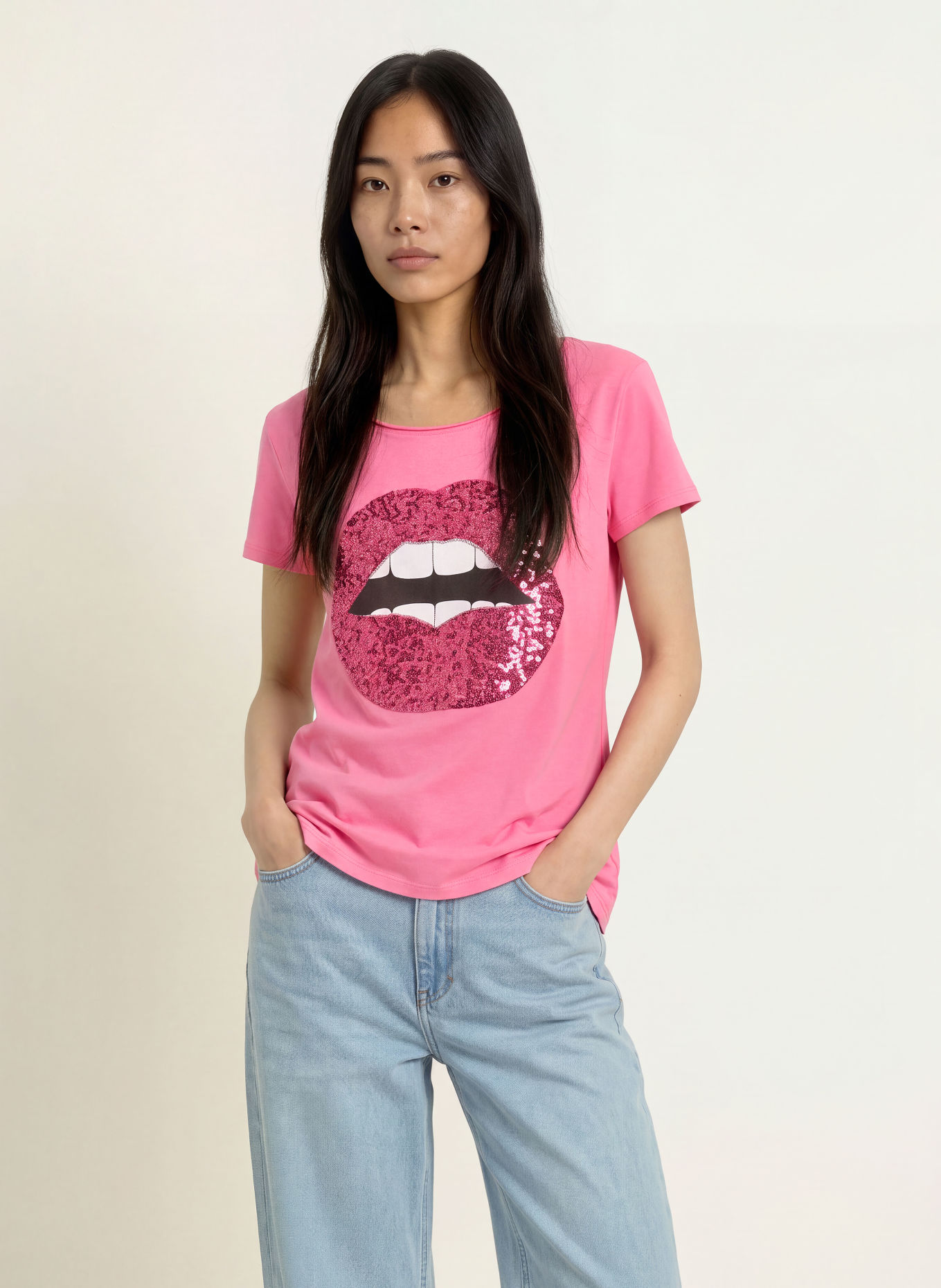 miss goodlife T-Shirt mit Pailletten: PINK / WEISS / SCHWARZ