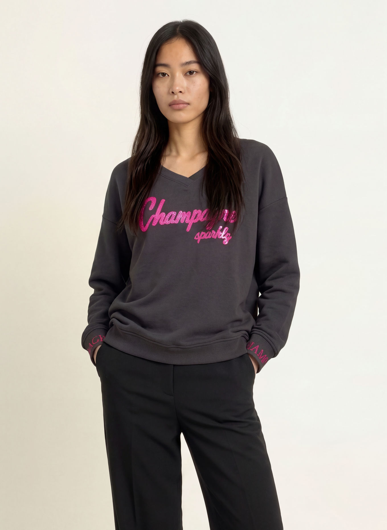 miss goodlife Sweatshirt à paillettes: GRIS FONCÉ / ROSE FUCHSIA