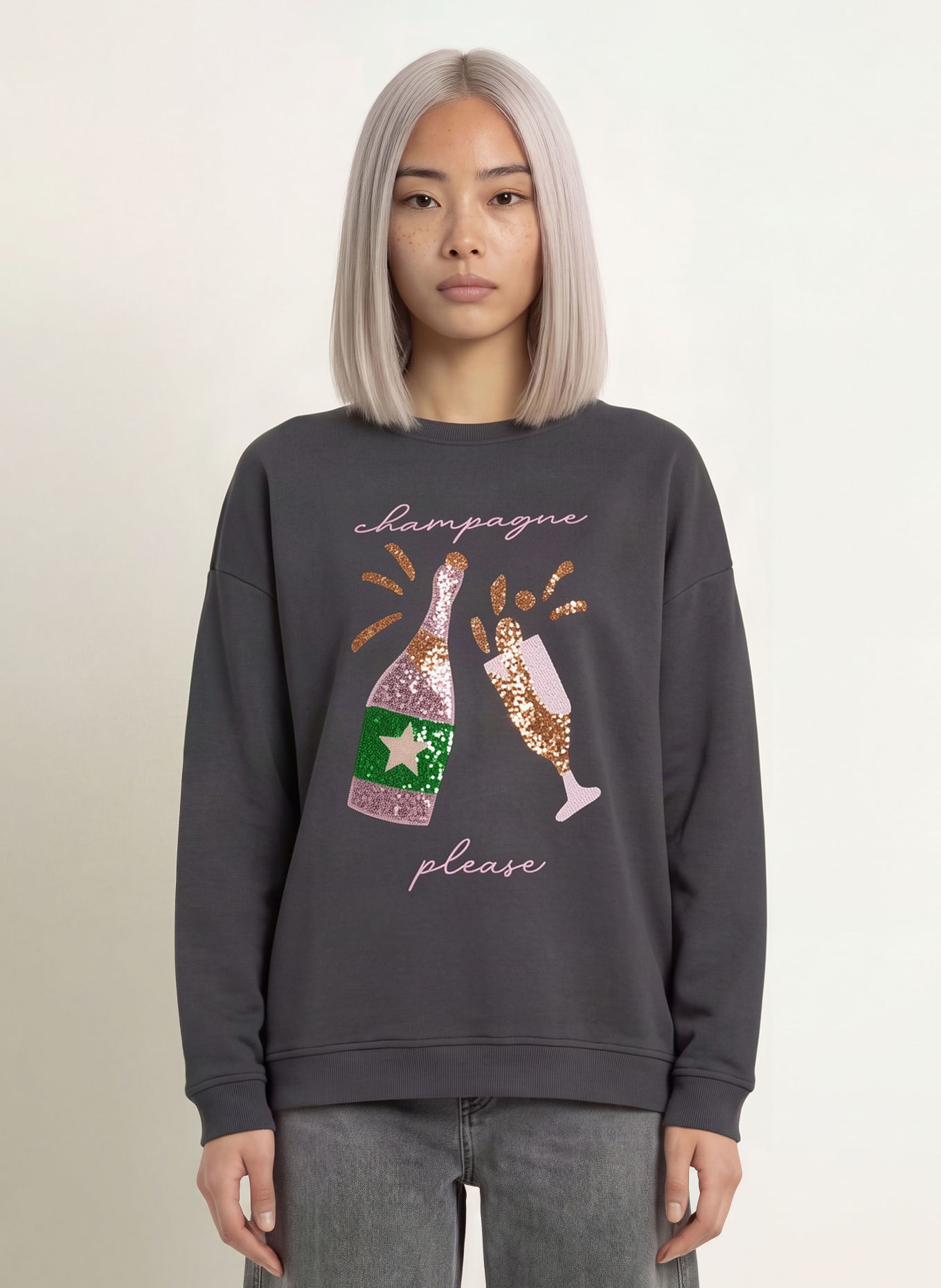 miss goodlife Sweatshirt mit Pailletten: DUNKELGRAU / ROSÉGOLD / GRÜN