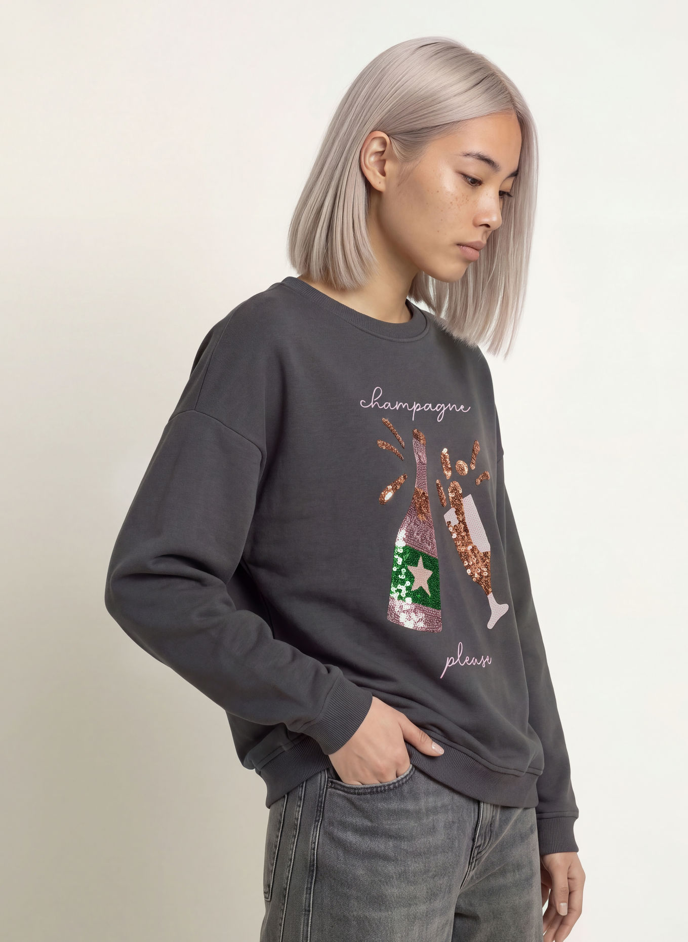 miss goodlife Sweatshirt mit Pailletten: DUNKELGRAU / ROSÉGOLD / GRÜN