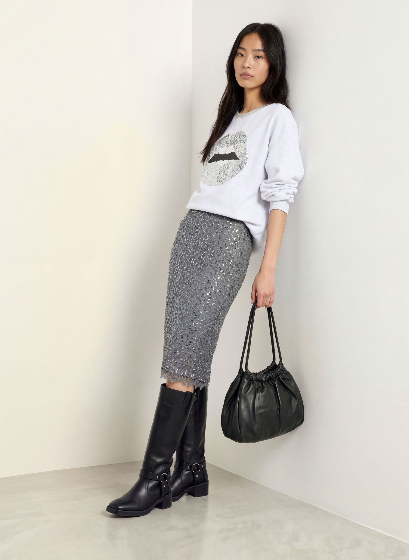 miss goodlife Sweatshirt mit Pailletten und Glitzergarn: HELLGRAU / SILBER / SCHWARZ