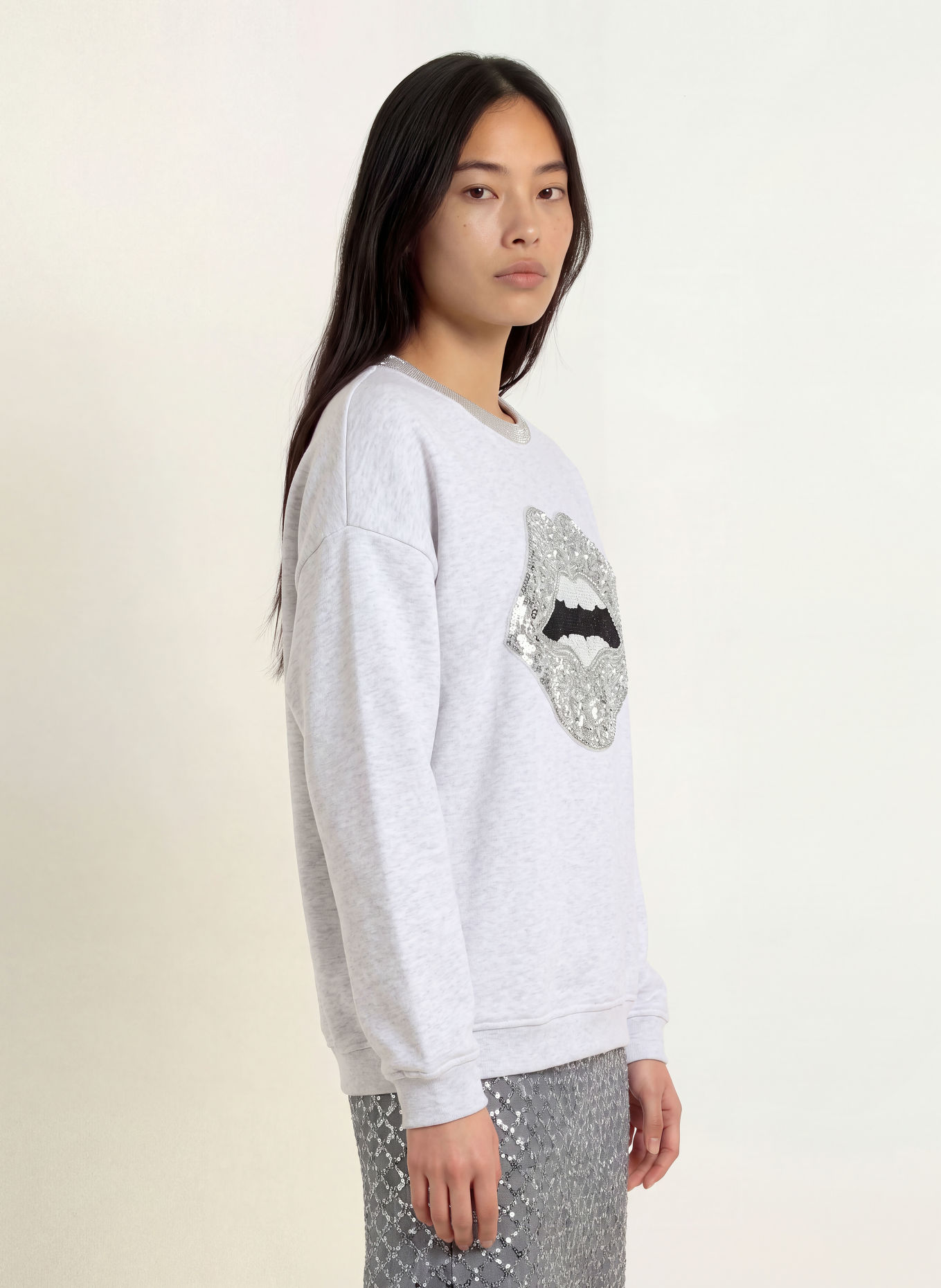 miss goodlife Sweatshirt mit Pailletten und Glitzergarn: HELLGRAU / SILBER / SCHWARZ