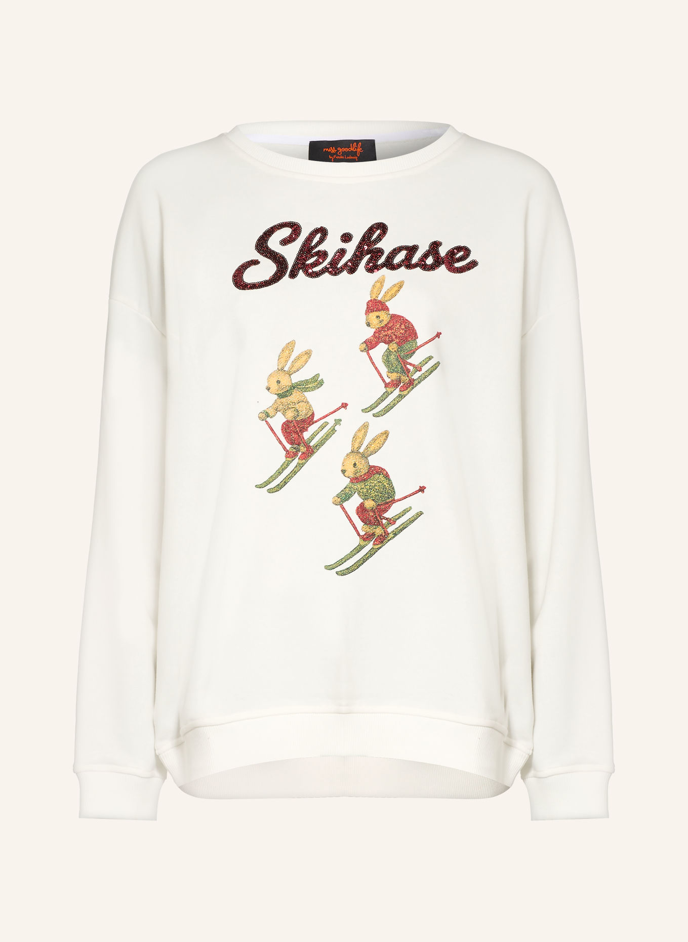 miss goodlife Sweatshirt mit Pailletten: ECRU / DUNKELROT / GRÜN