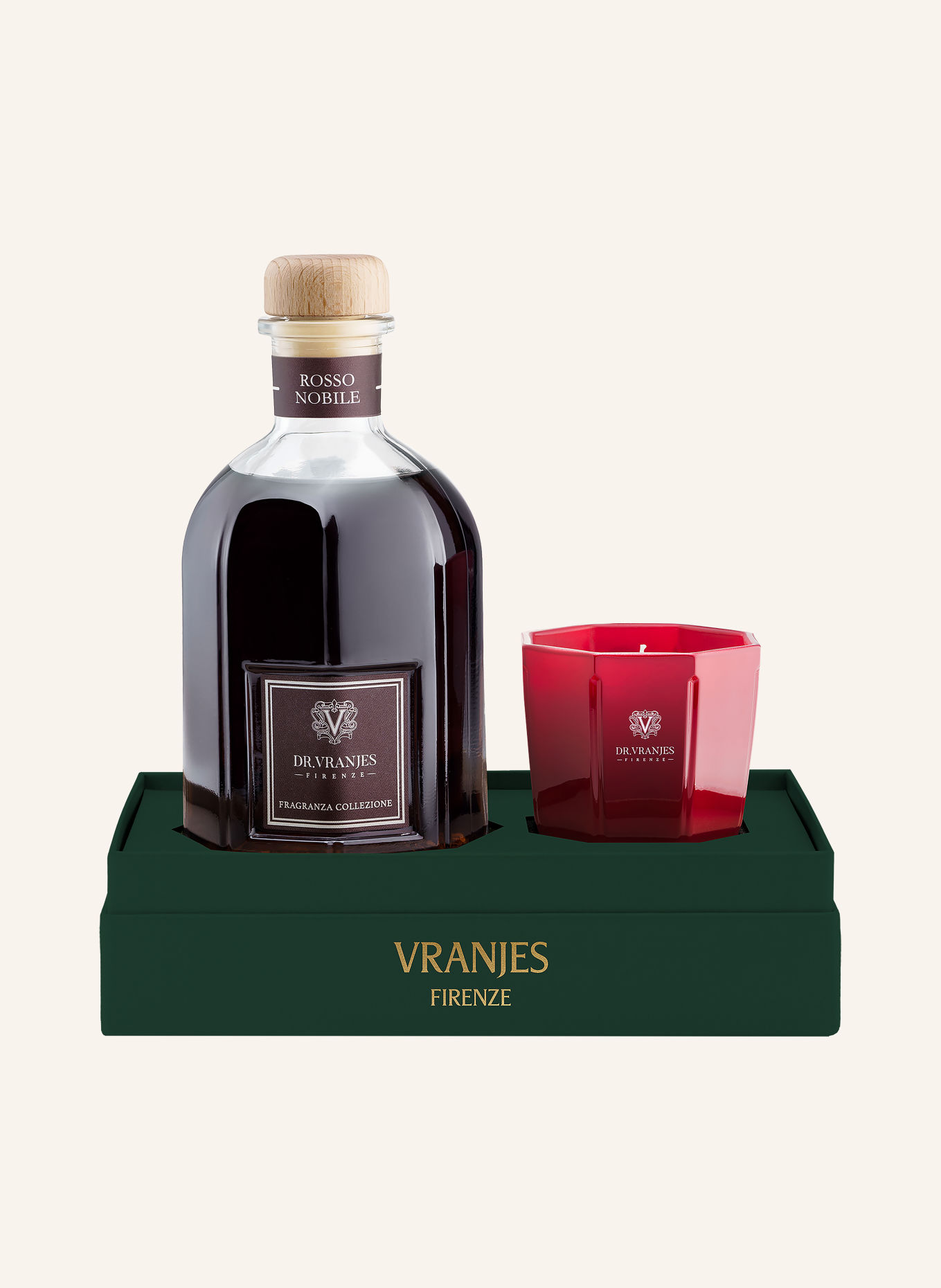 Dr. Vranjes ROSSO NOBILE-set: Doftljus och doftspray: RÖD / GULD / MÖRKGRÖN