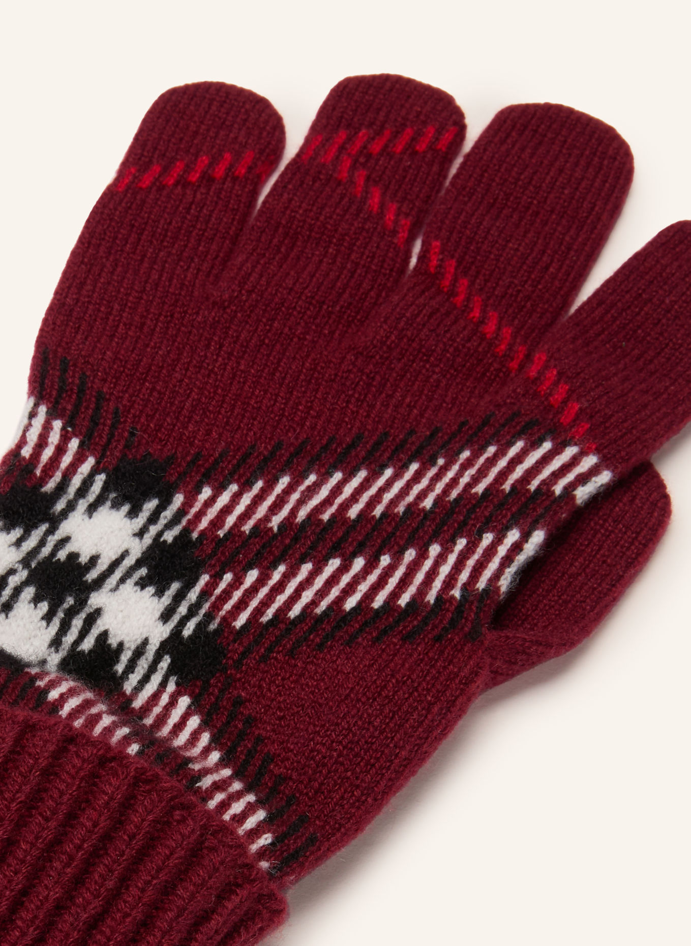BURBERRY Rękawiczki z kaszmiru: CIEMNOCZERWONY / BIAŁY / CZARNY