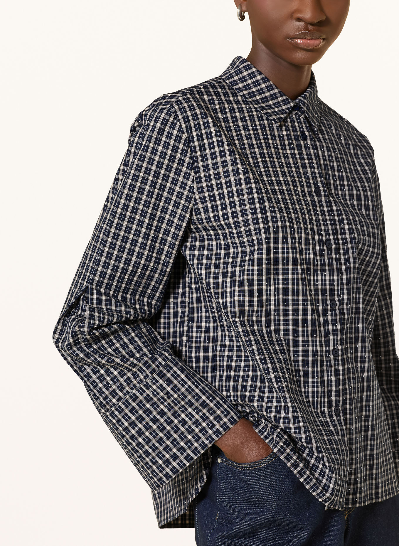 NEO NOIR DREW Shirt blouse with Rhinestones: DARK BLUE / WHITE / BLACK