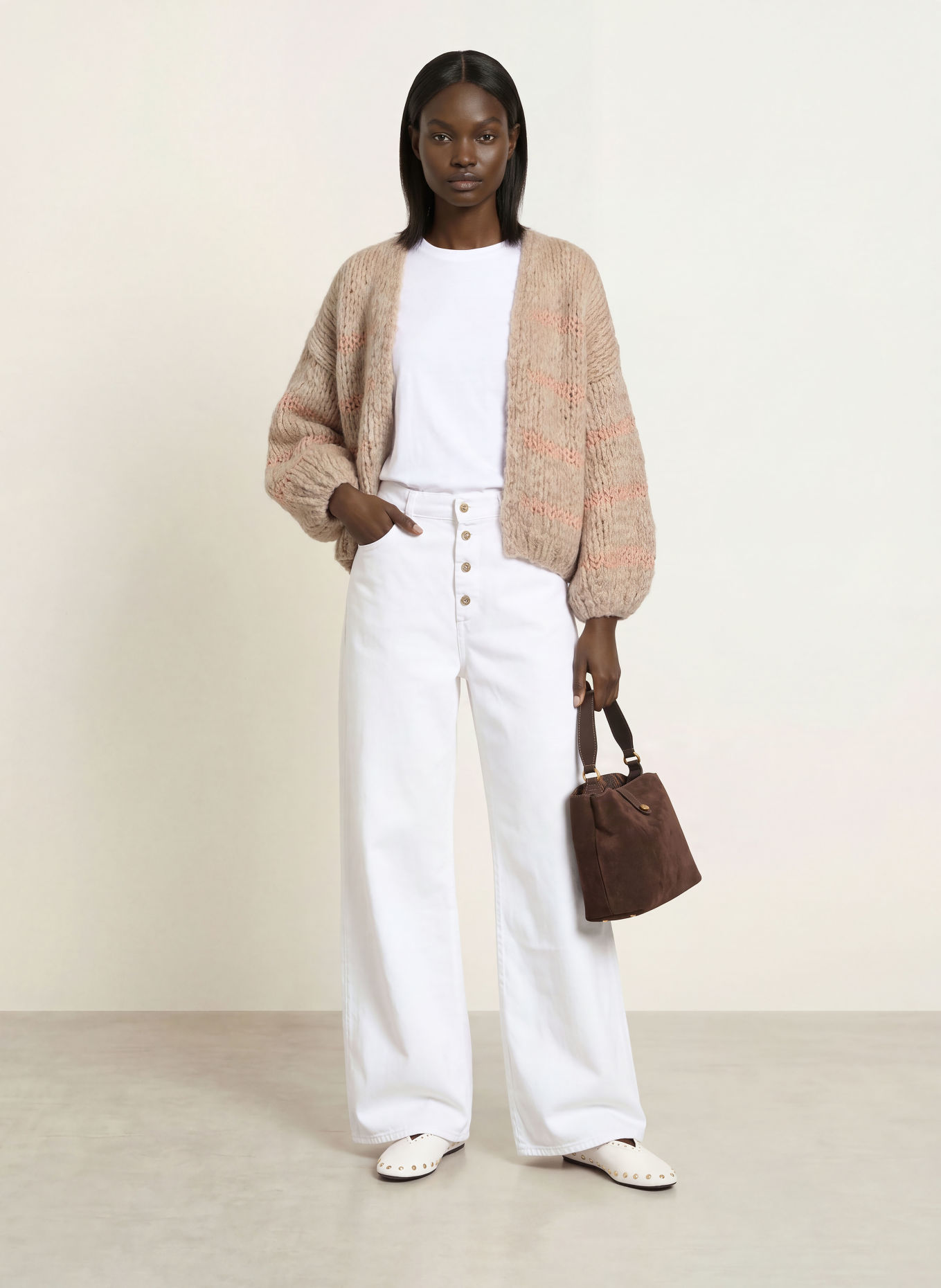 MAIAMI Gilet ouvert en maille avec de l'alpaga: BEIGE / ROSÉ