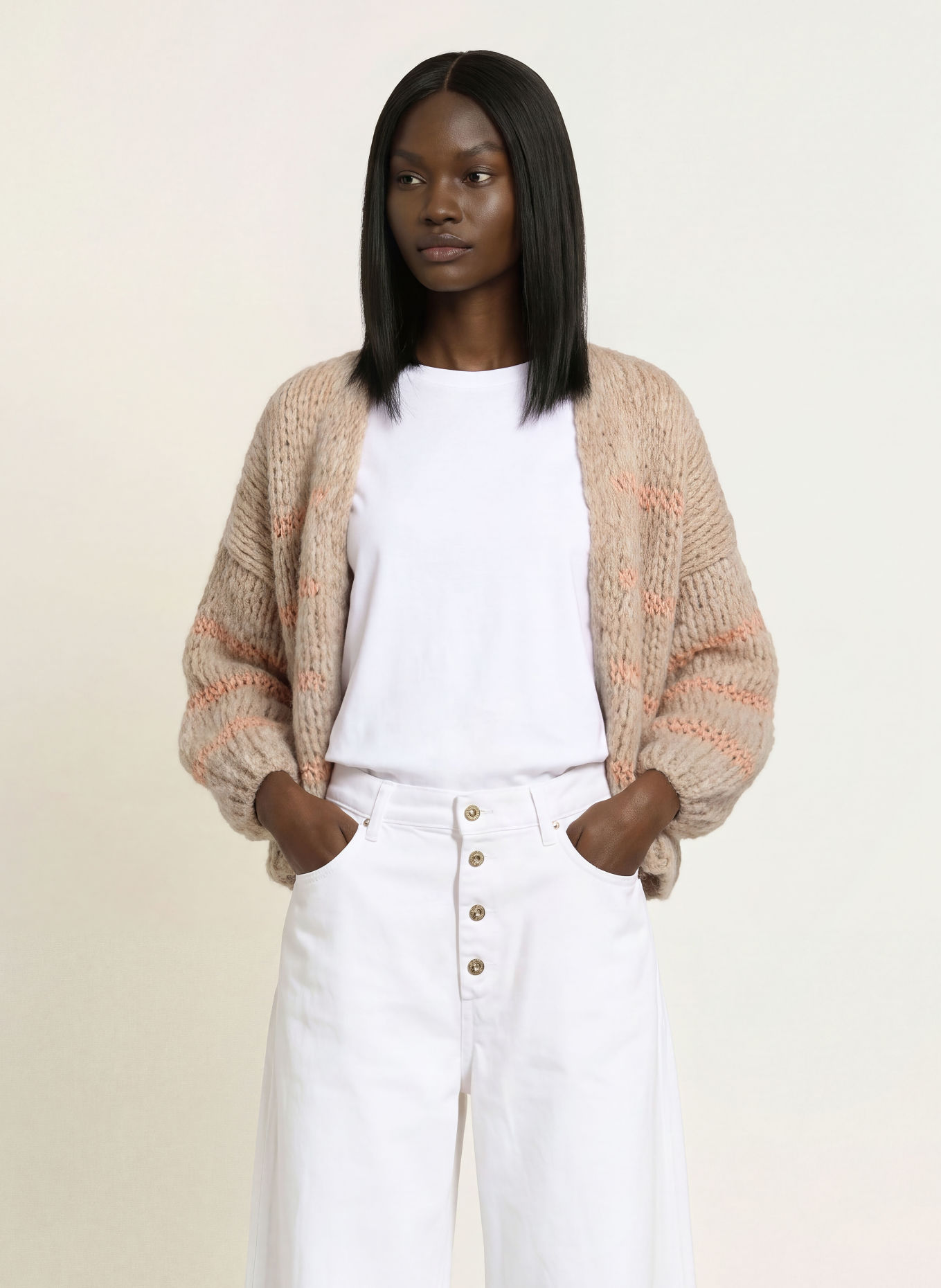 MAIAMI Gilet ouvert en maille avec de l'alpaga: BEIGE / ROSÉ