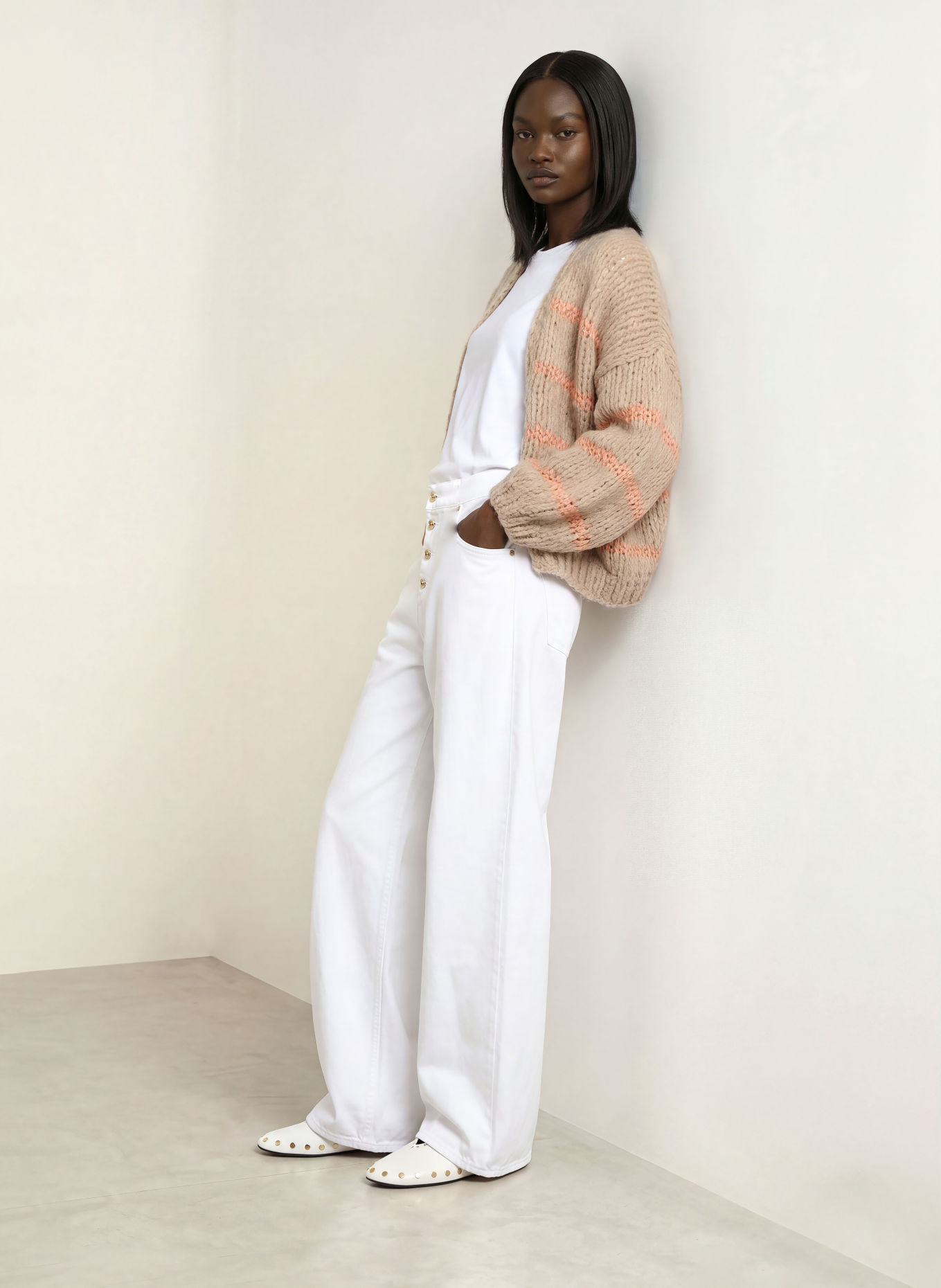 MAIAMI Gilet ouvert en maille avec de l'alpaga: BEIGE / ROSÉ