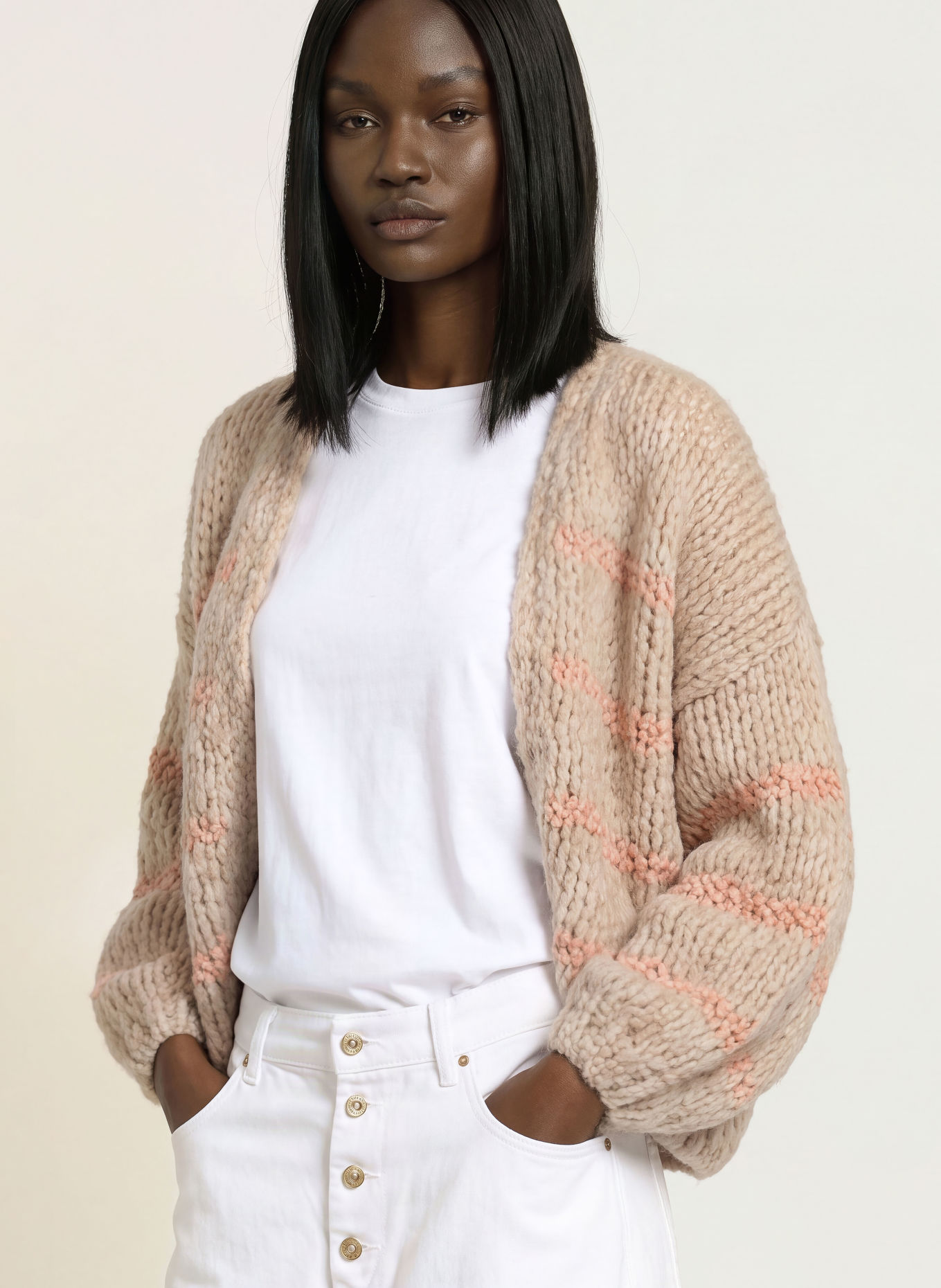 MAIAMI Gilet ouvert en maille avec de l'alpaga: BEIGE / ROSÉ