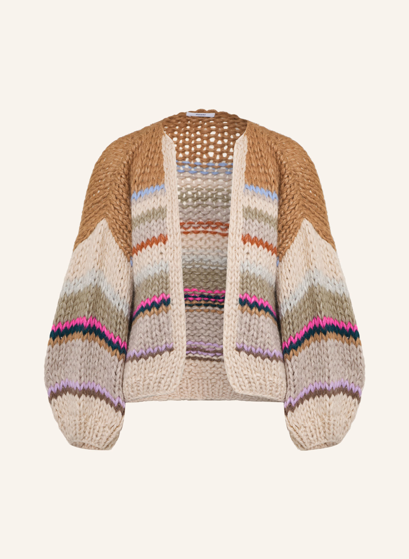 MAIAMI Gilet ouvert en maille avec de l'alpaga: CHAMEAU / ROSE FUCHSIA / BLEU CLAIR