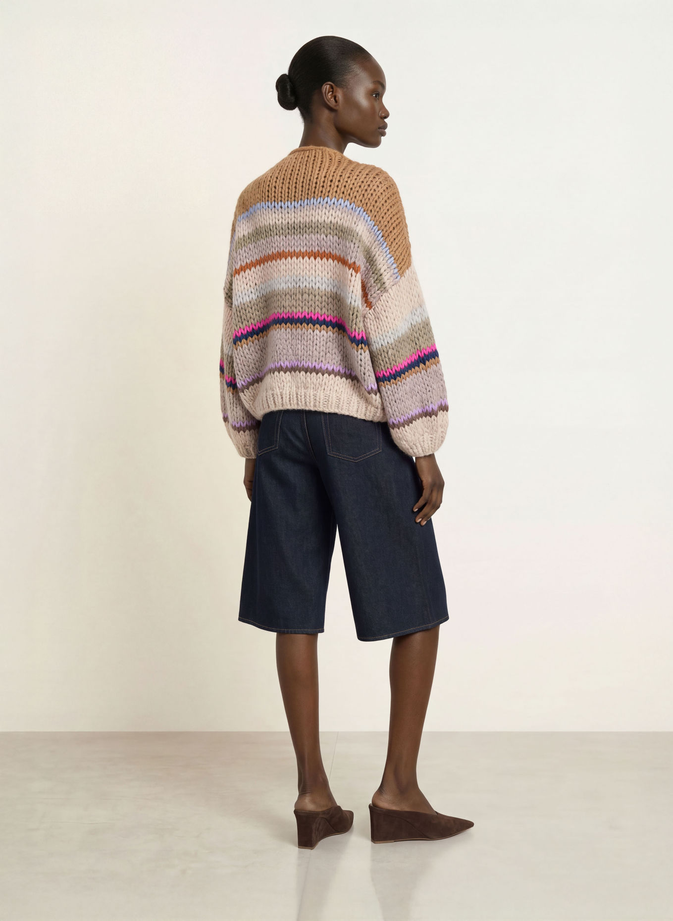 MAIAMI Gilet ouvert en maille avec de l'alpaga: CHAMEAU / ROSE FUCHSIA / BLEU CLAIR
