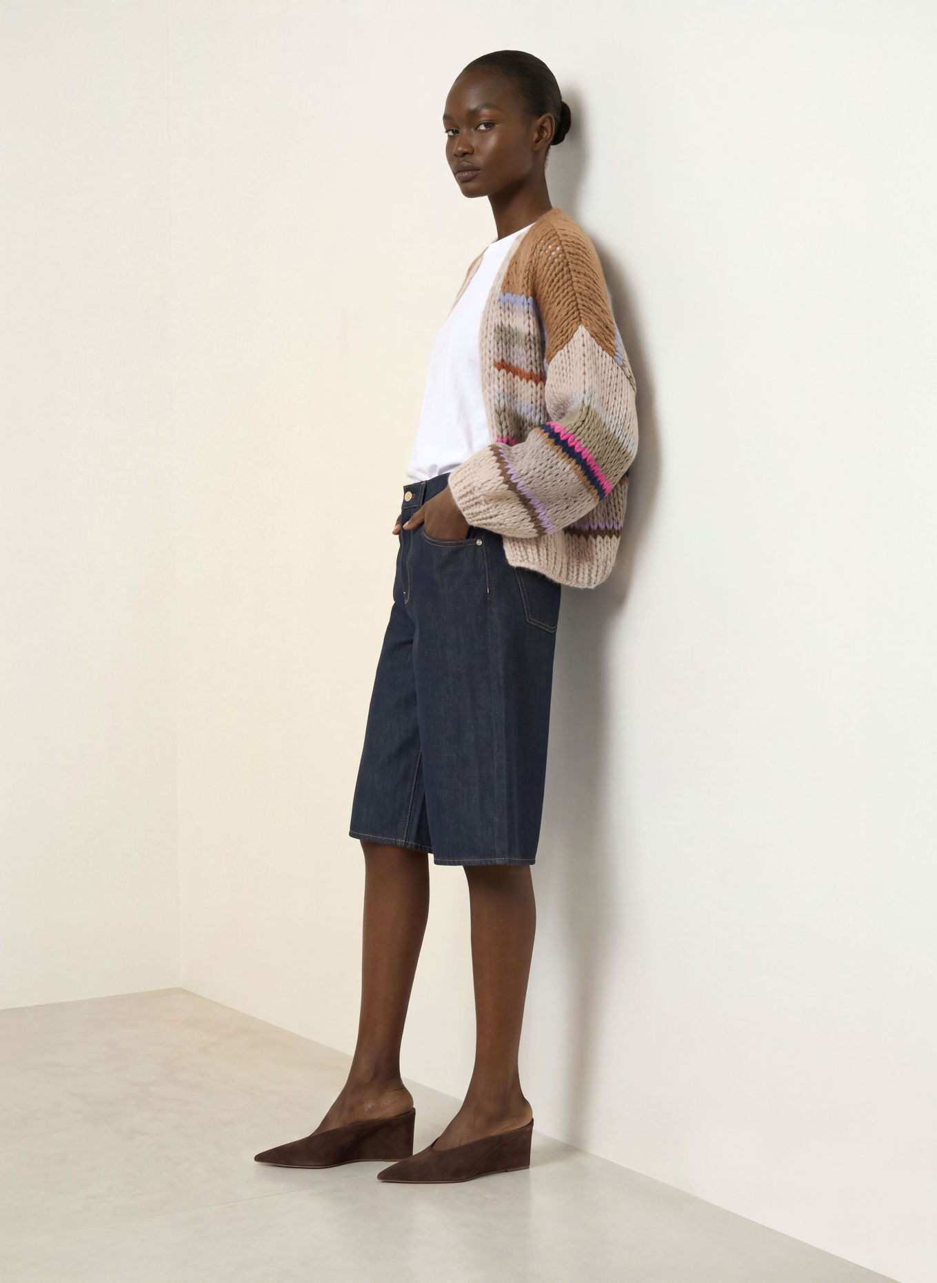 MAIAMI Gilet ouvert en maille avec de l'alpaga: CHAMEAU / ROSE FUCHSIA / BLEU CLAIR