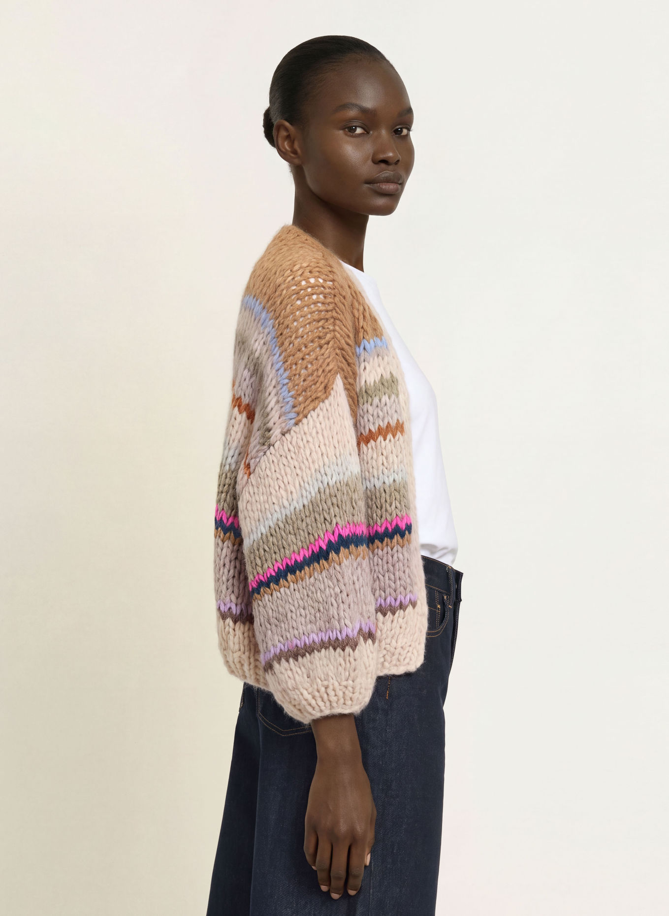 MAIAMI Gilet ouvert en maille avec de l'alpaga: CHAMEAU / ROSE FUCHSIA / BLEU CLAIR