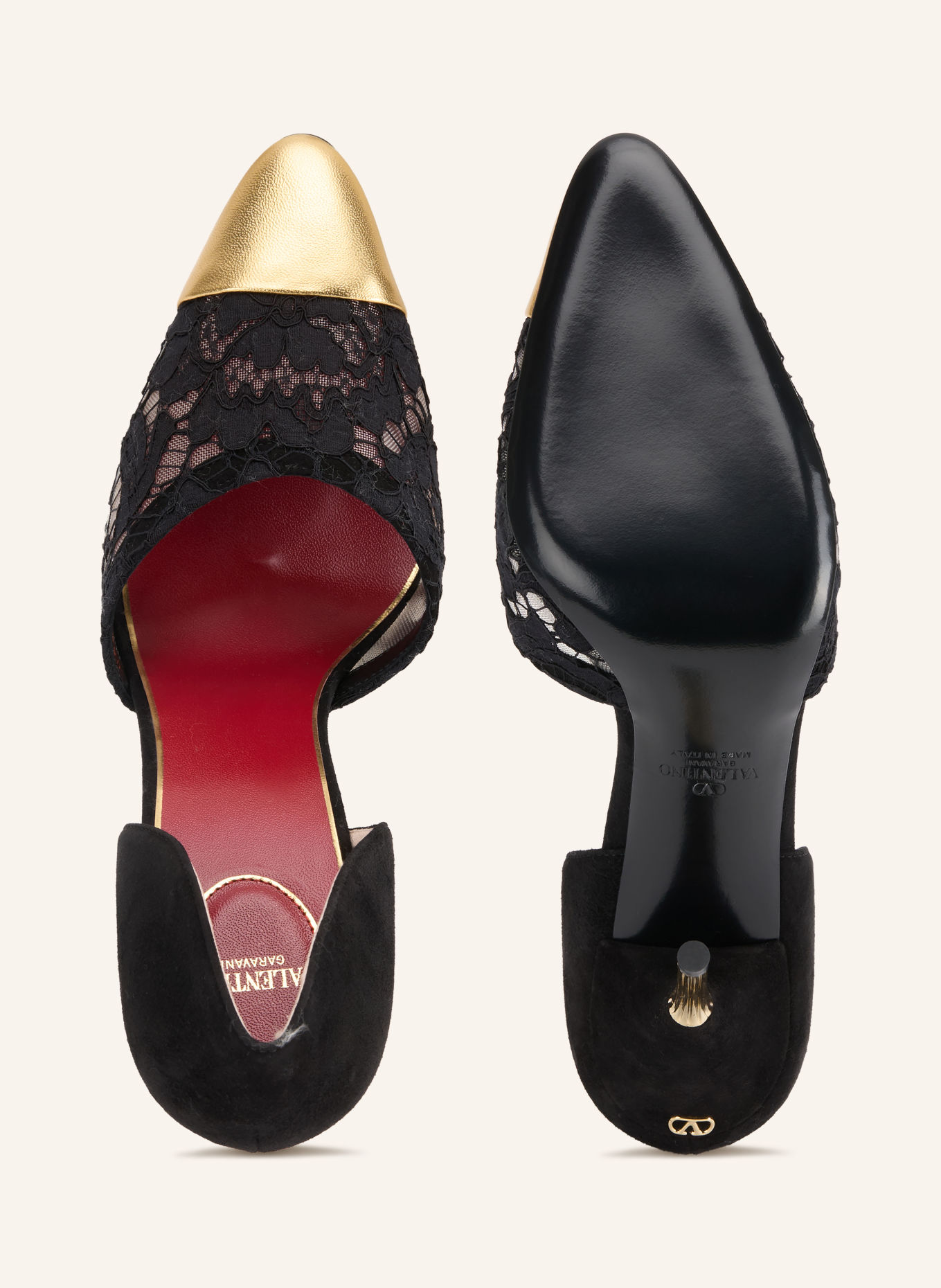 VALENTINO GARAVANI Escarpins SINEAD en dentelle: NOIR / OR