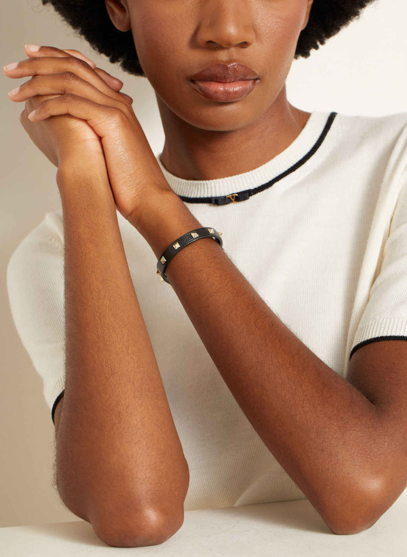 VALENTINO GARAVANI ROCKSTUD SPIKE Leather Bracelet: BLACK / GOLD