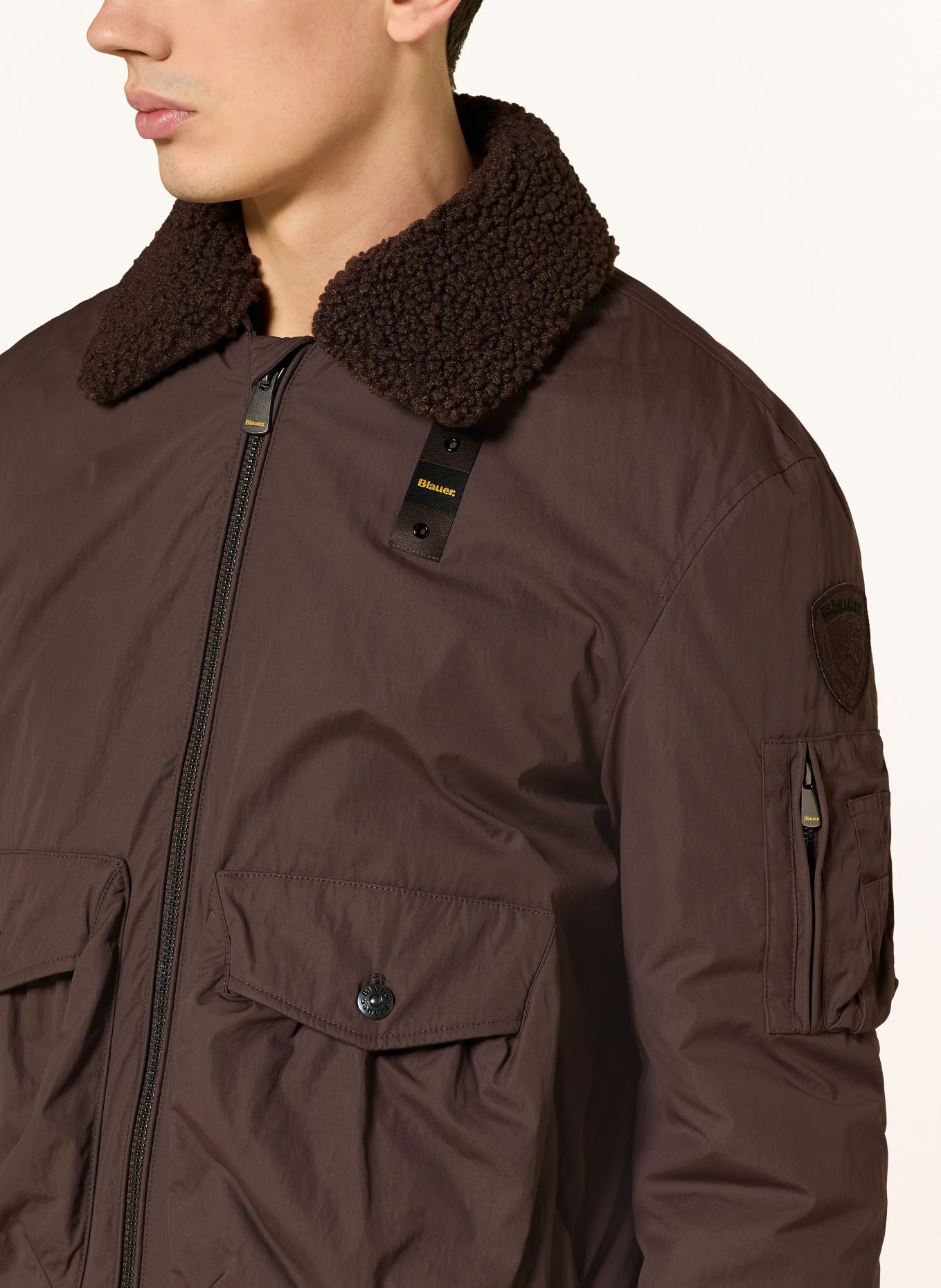 Blauer GLEASON Jacket with Detachable Teddy Fur Collar: DARK BROWN