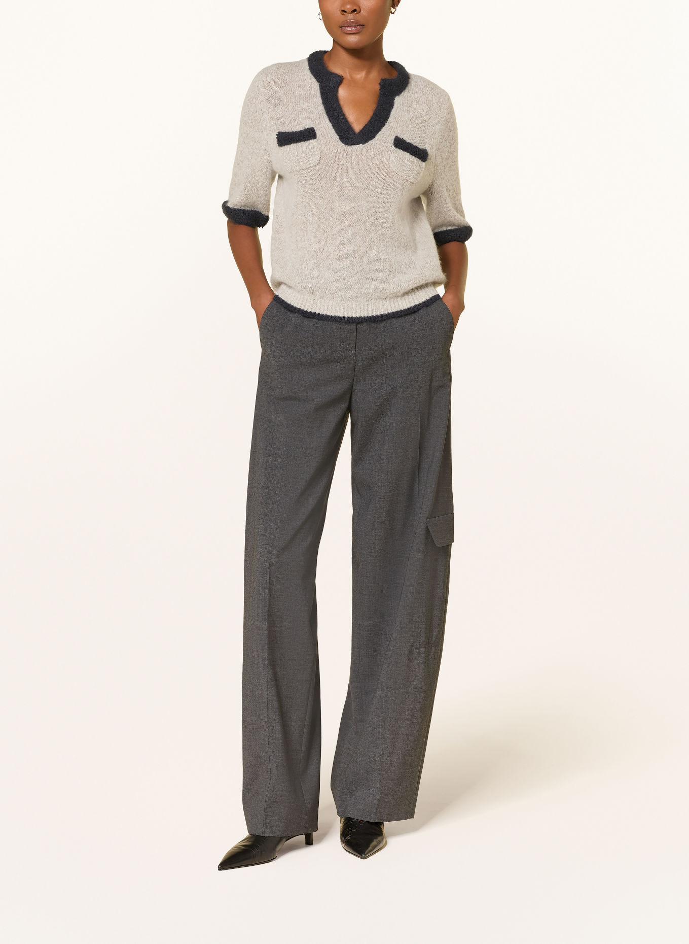 DOROTHEE SCHUMACHER LUXURY LOVE Cashmere Knit Shirt: BEIGE / DARK GRAY