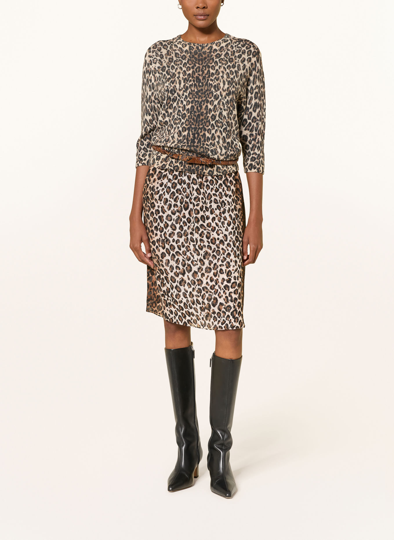 DOROTHEE SCHUMACHER LEOPARD STATEMENTS Sweater with Cashmere and 3/4-Length Sleeves: BEIGE / BROWN / BLACK