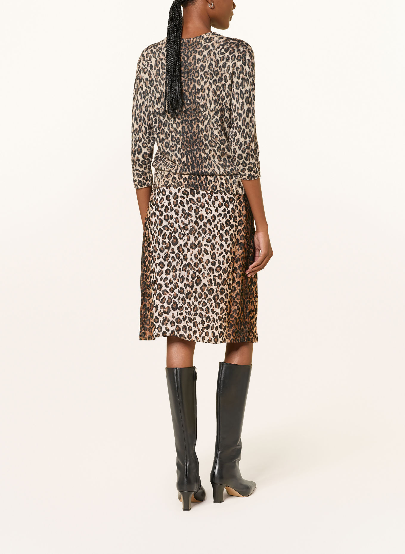DOROTHEE SCHUMACHER LEOPARD STATEMENTS Sweater with Cashmere and 3/4-Length Sleeves: BEIGE / BROWN / BLACK