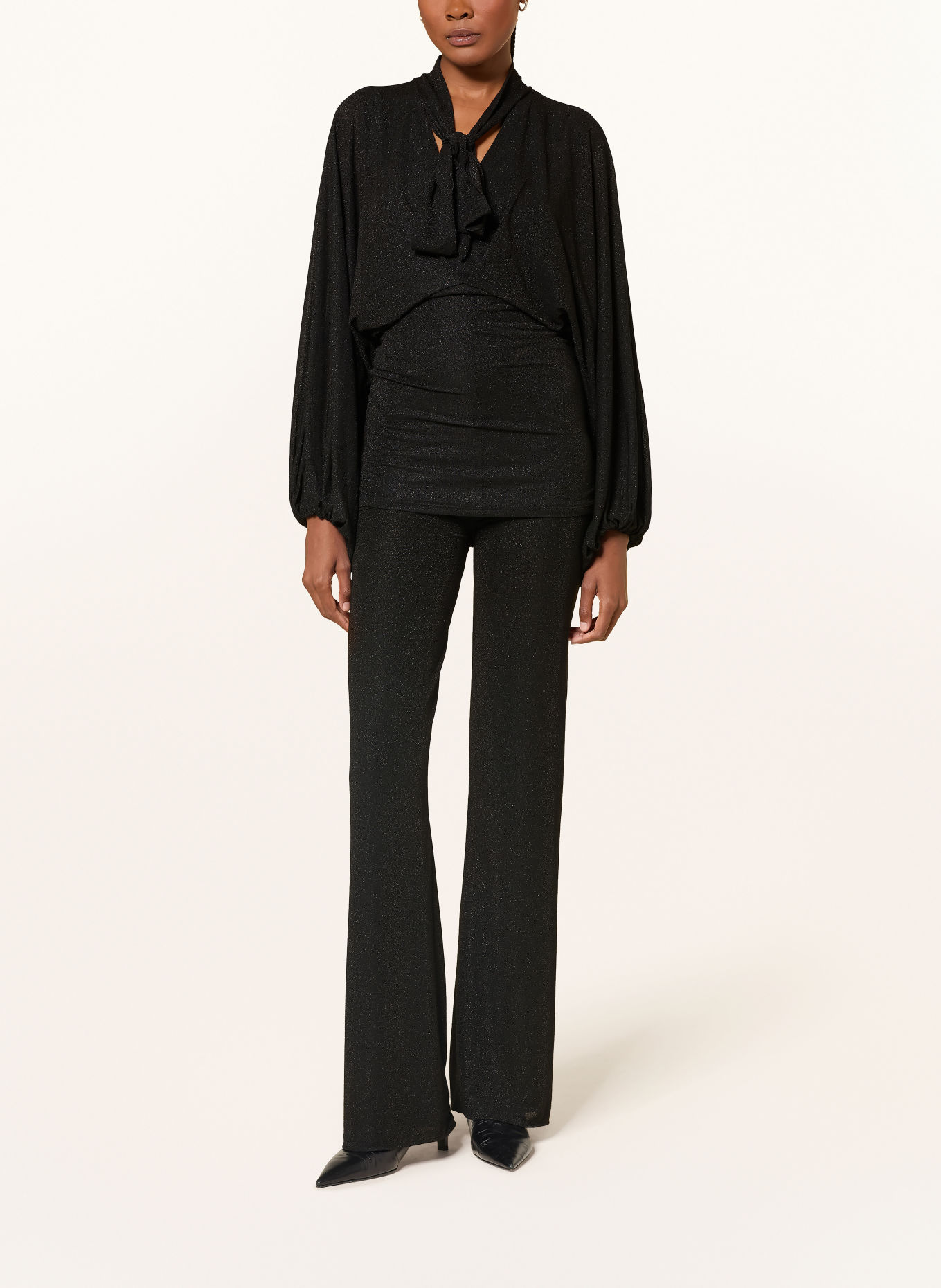 DOROTHEE SCHUMACHER SOFT SHIMMER Tie-neck blouse with Glitter Yarn: BLACK