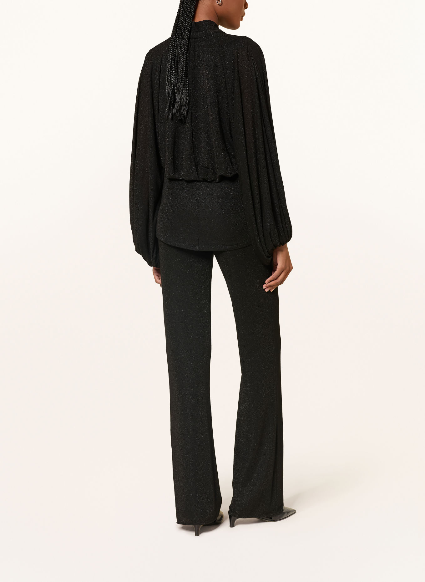 DOROTHEE SCHUMACHER SOFT SHIMMER Tie-neck blouse with Glitter Yarn: BLACK