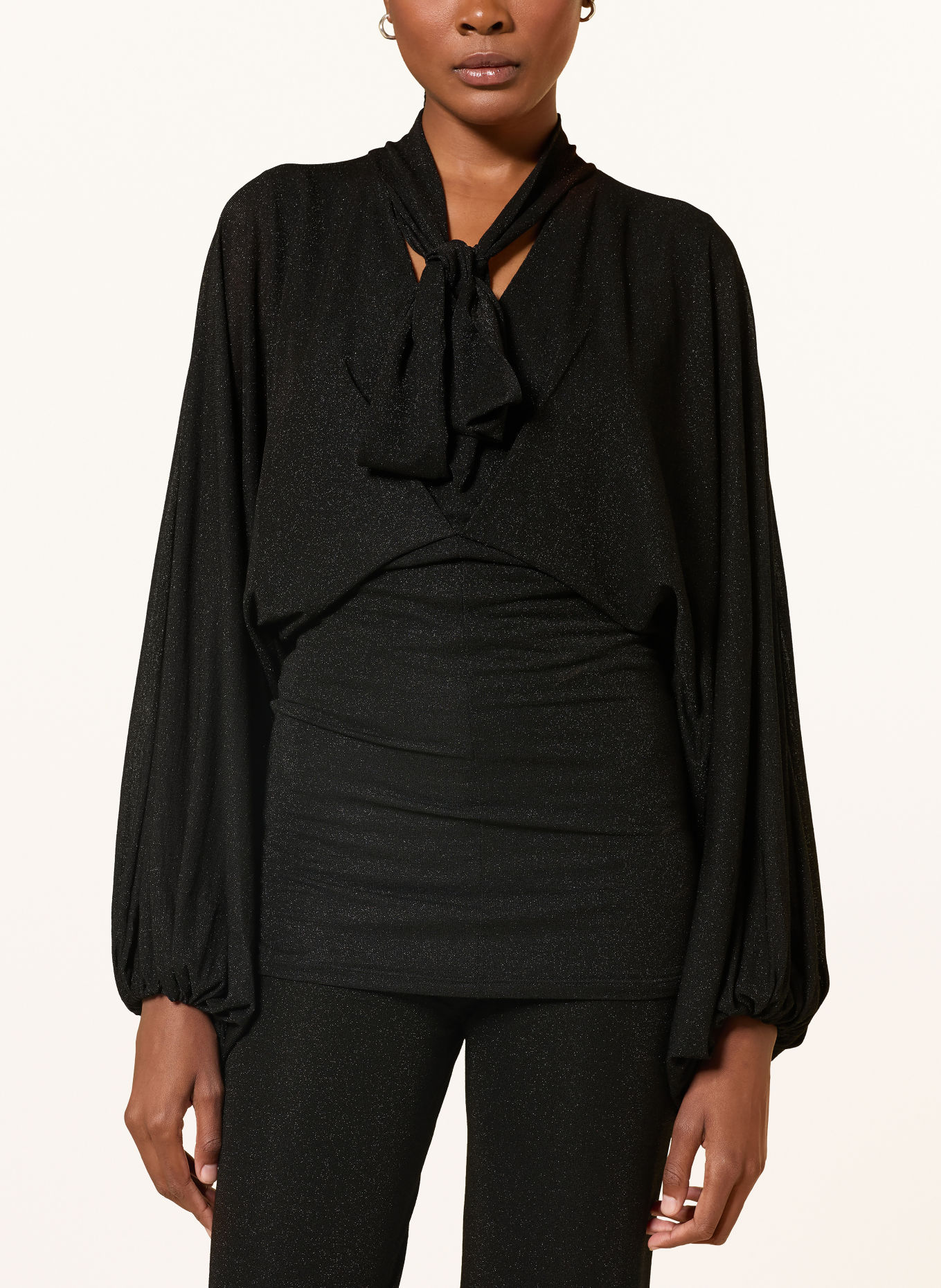 DOROTHEE SCHUMACHER SOFT SHIMMER Tie-neck blouse with Glitter Yarn: BLACK
