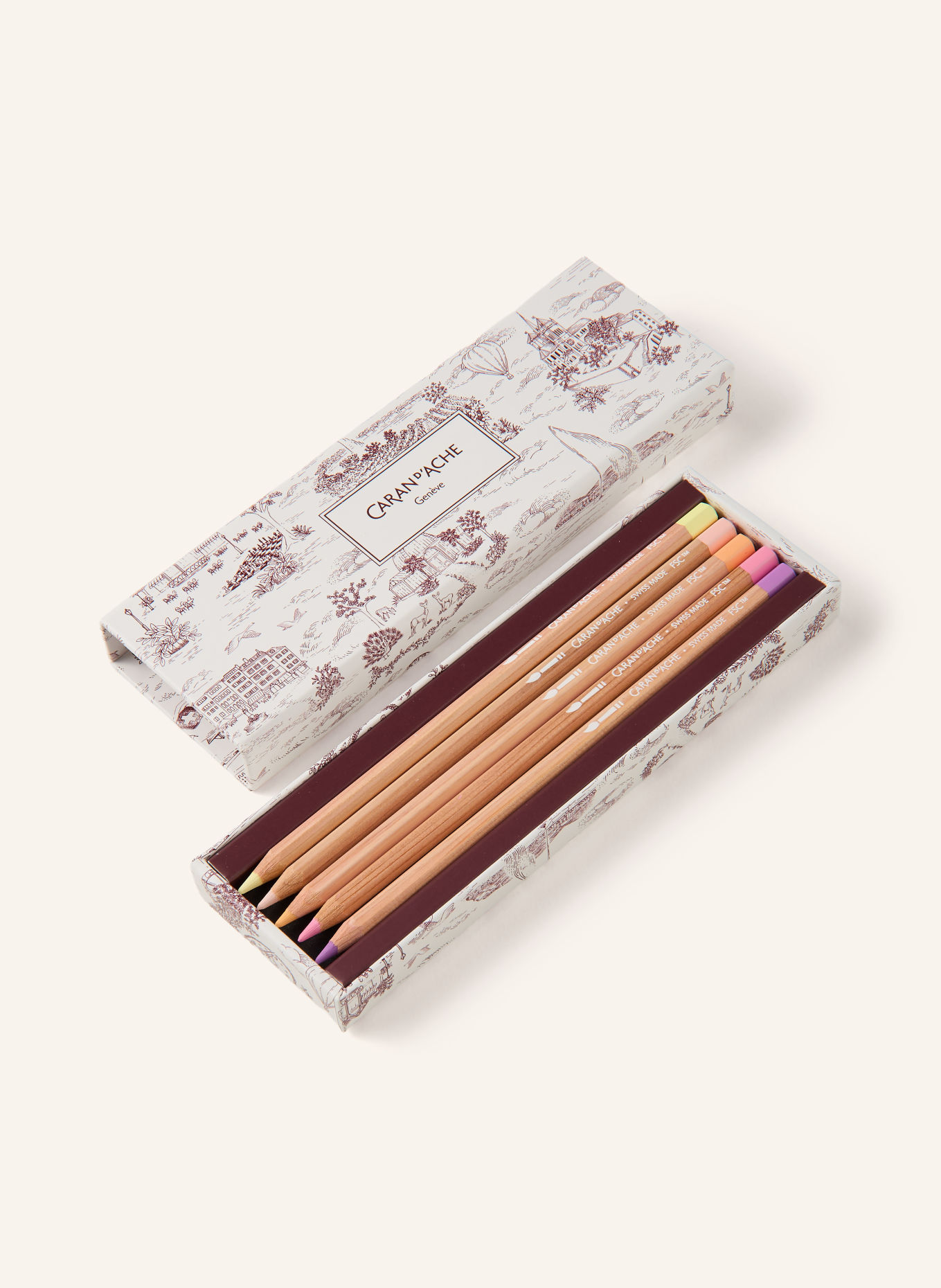 CARAN d'ACHE Set of 10 TOILE DE JOUY Watercolor Pencils: CREAM / DARK RED