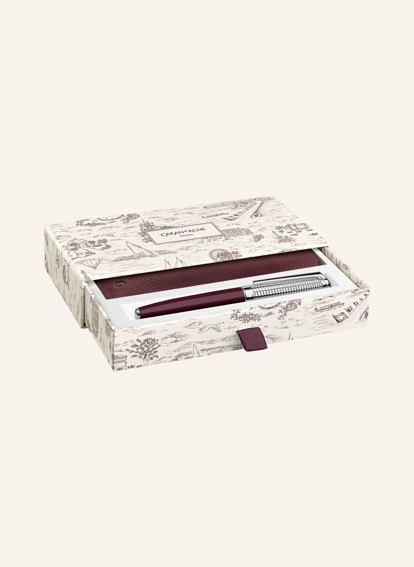 CARAN d'ACHE TOILE DE JOUY Set: LÉMAN™ Fountain pen and Leather Case: DARK RED / SILVER