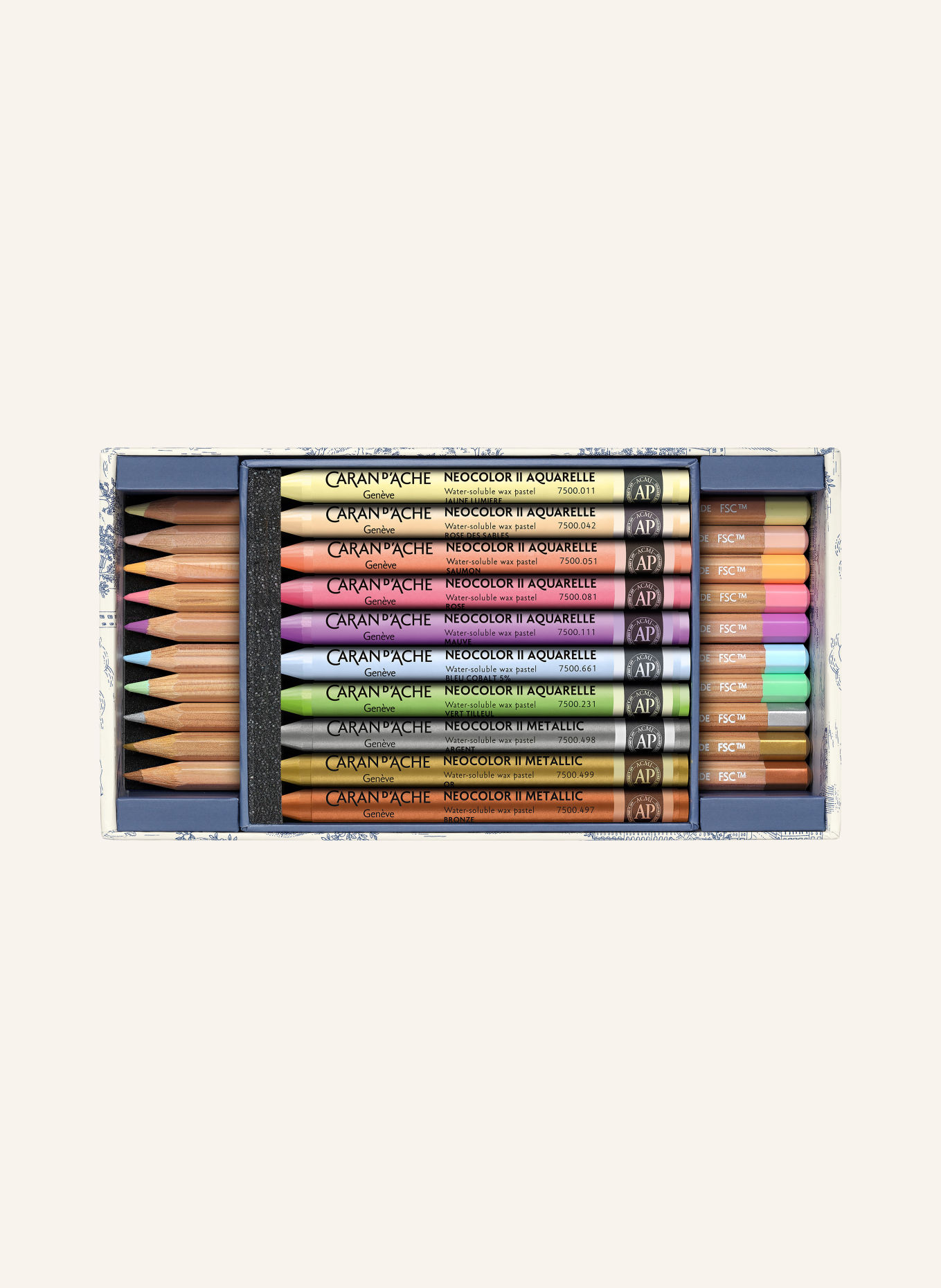 CARAN d'ACHE 20-piece TOILE DE JOUY set: NEOCOLOR™ II AQUARELLE watercolor pencils and wax pastels: WHITE / BLUE