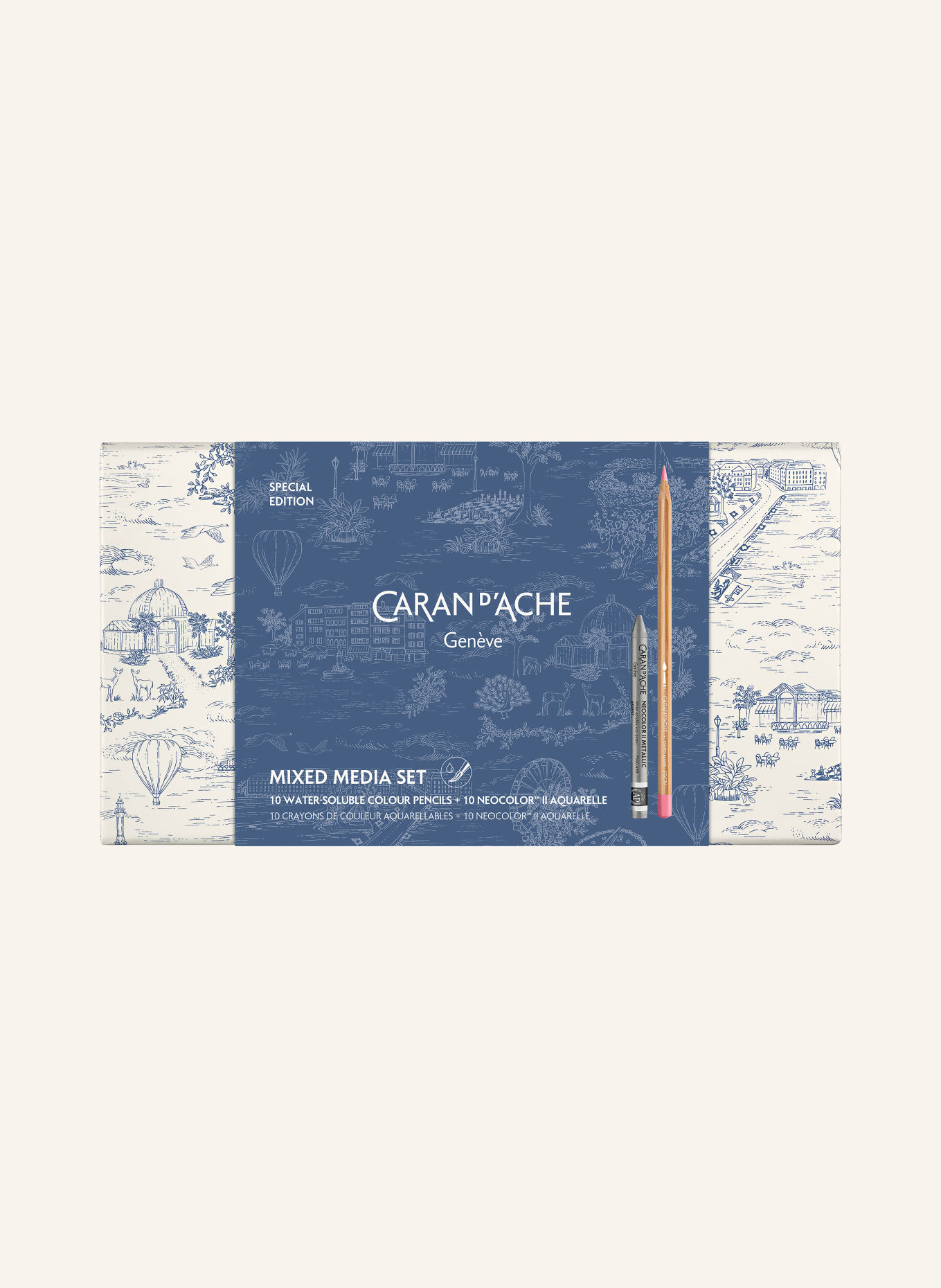 CARAN d'ACHE 20-piece TOILE DE JOUY set: NEOCOLOR™ II AQUARELLE watercolor pencils and wax pastels: WHITE / BLUE