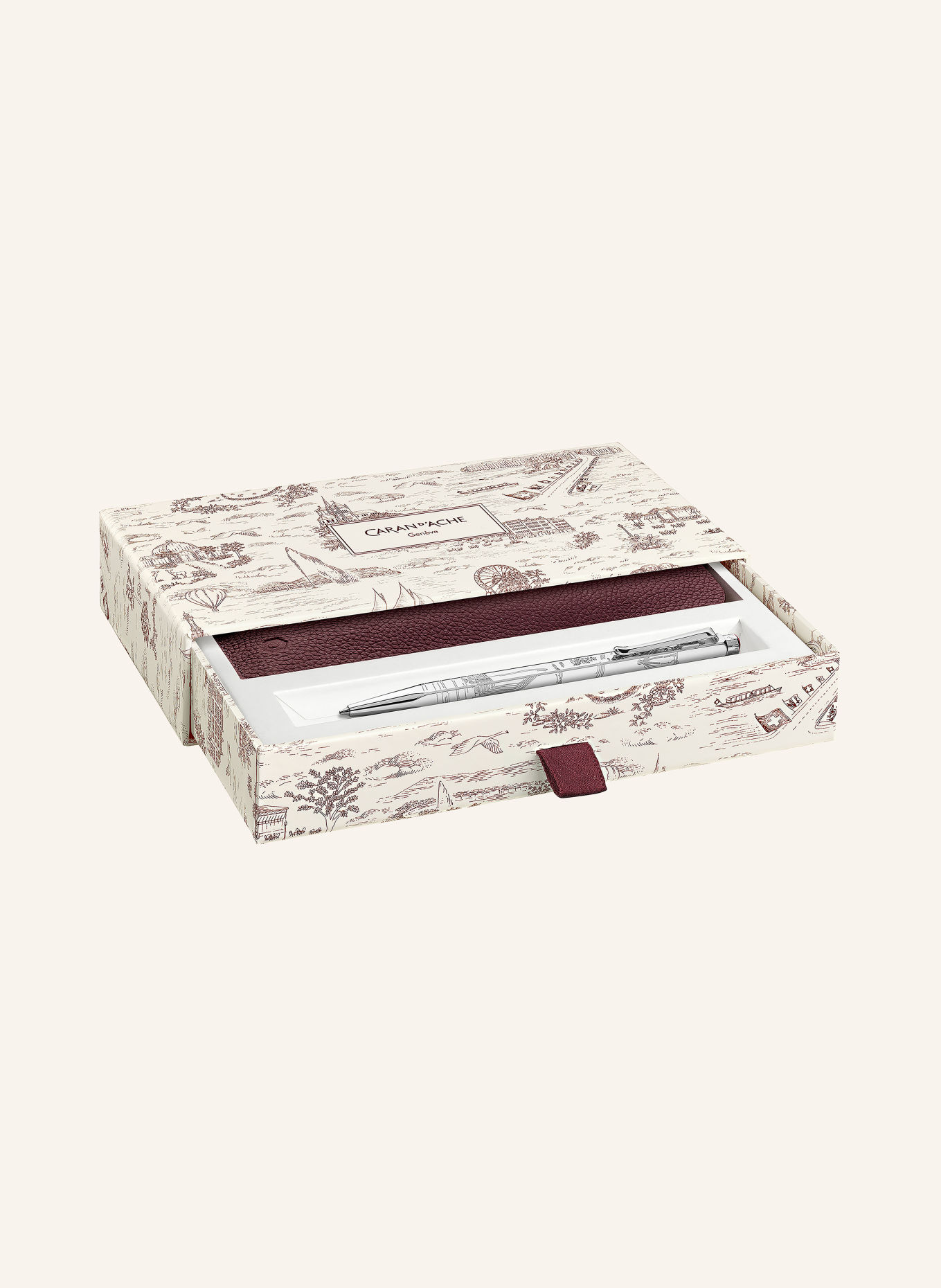 CARAN d'ACHE TOILE DE JOUY Set: ECRIDOR™ Ballpoint pen and Leather Case: SILVER / DARK RED / WHITE