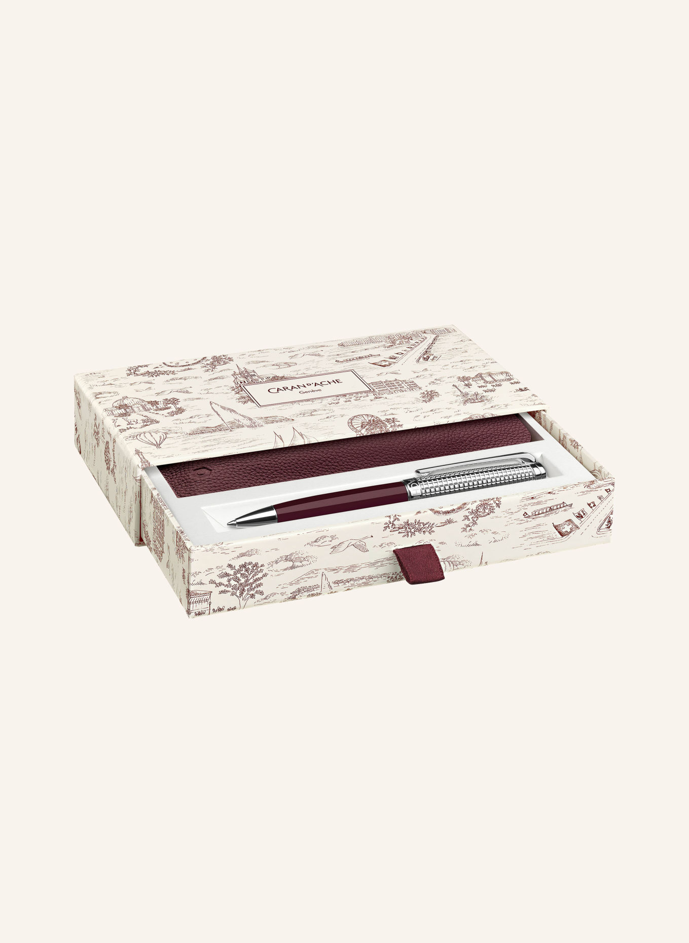 CARAN d'ACHE TOILE DE JOUY Set: LÉMAN™ Ballpoint pen and Leather Case: DARK RED / SILVER