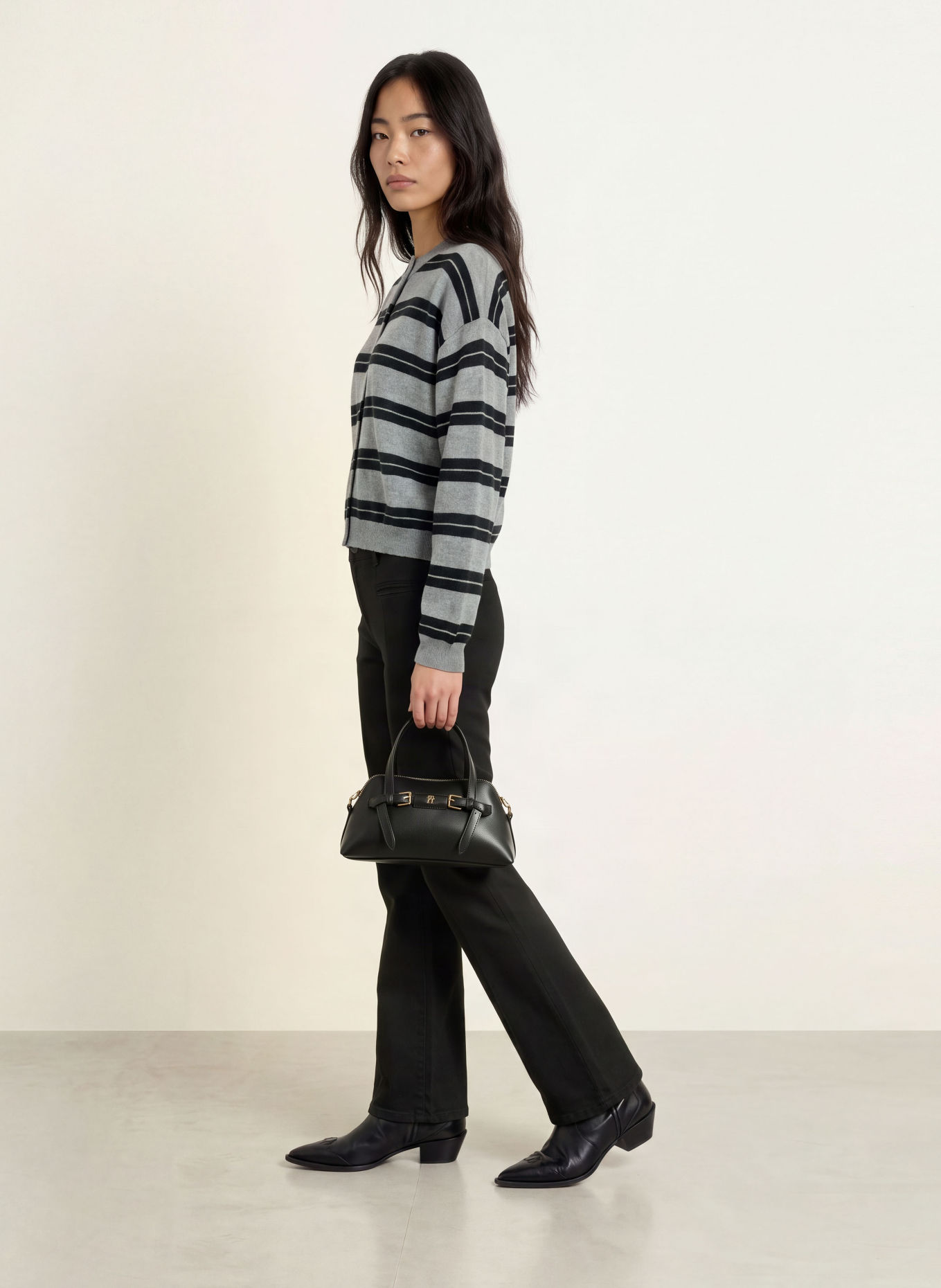 minimum ASSIANA Cardigan with Merino Wool: GRAY / BLACK
